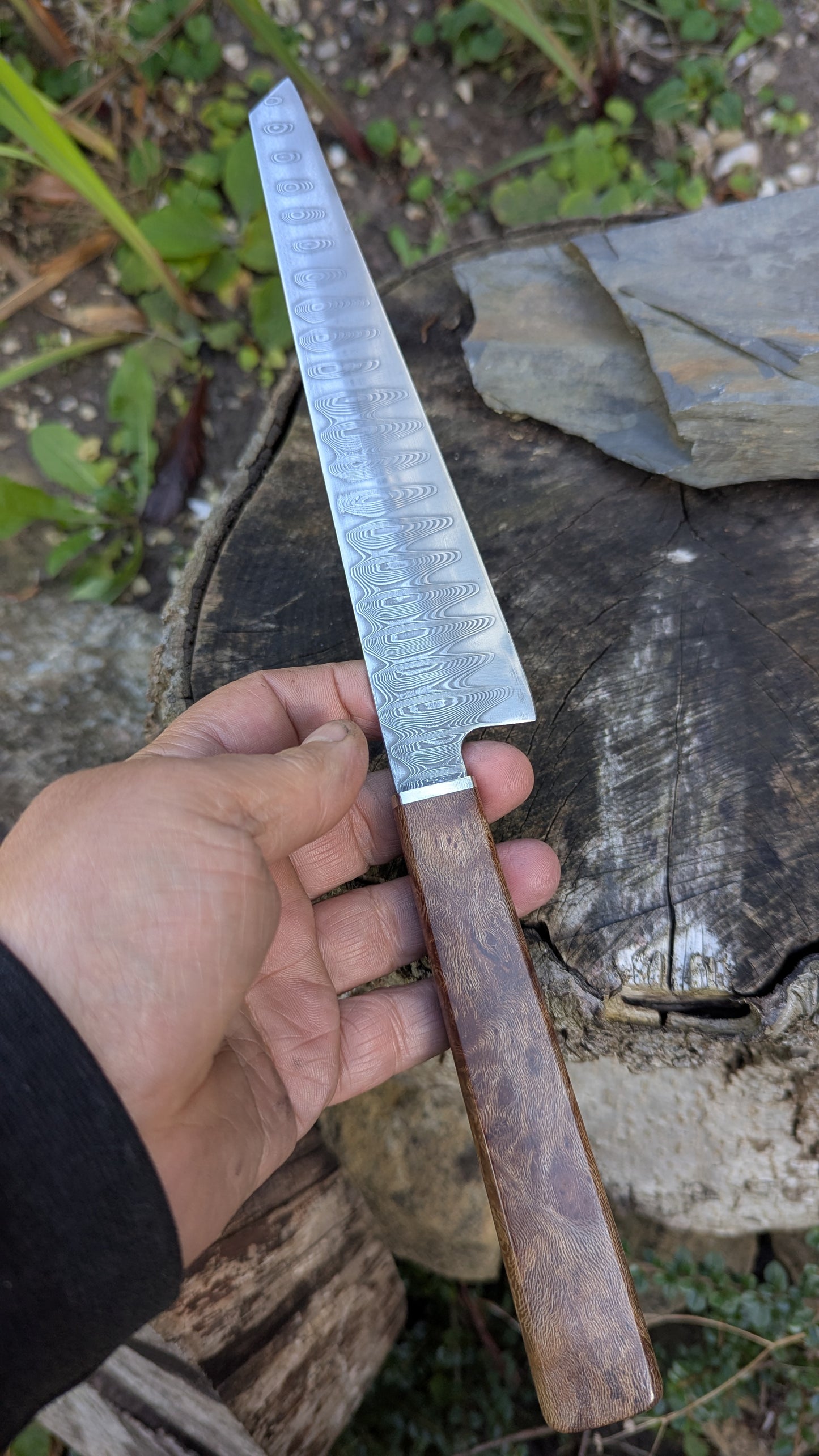 Hand made 8" stainless damascus san Mai. Lacewood burr handle