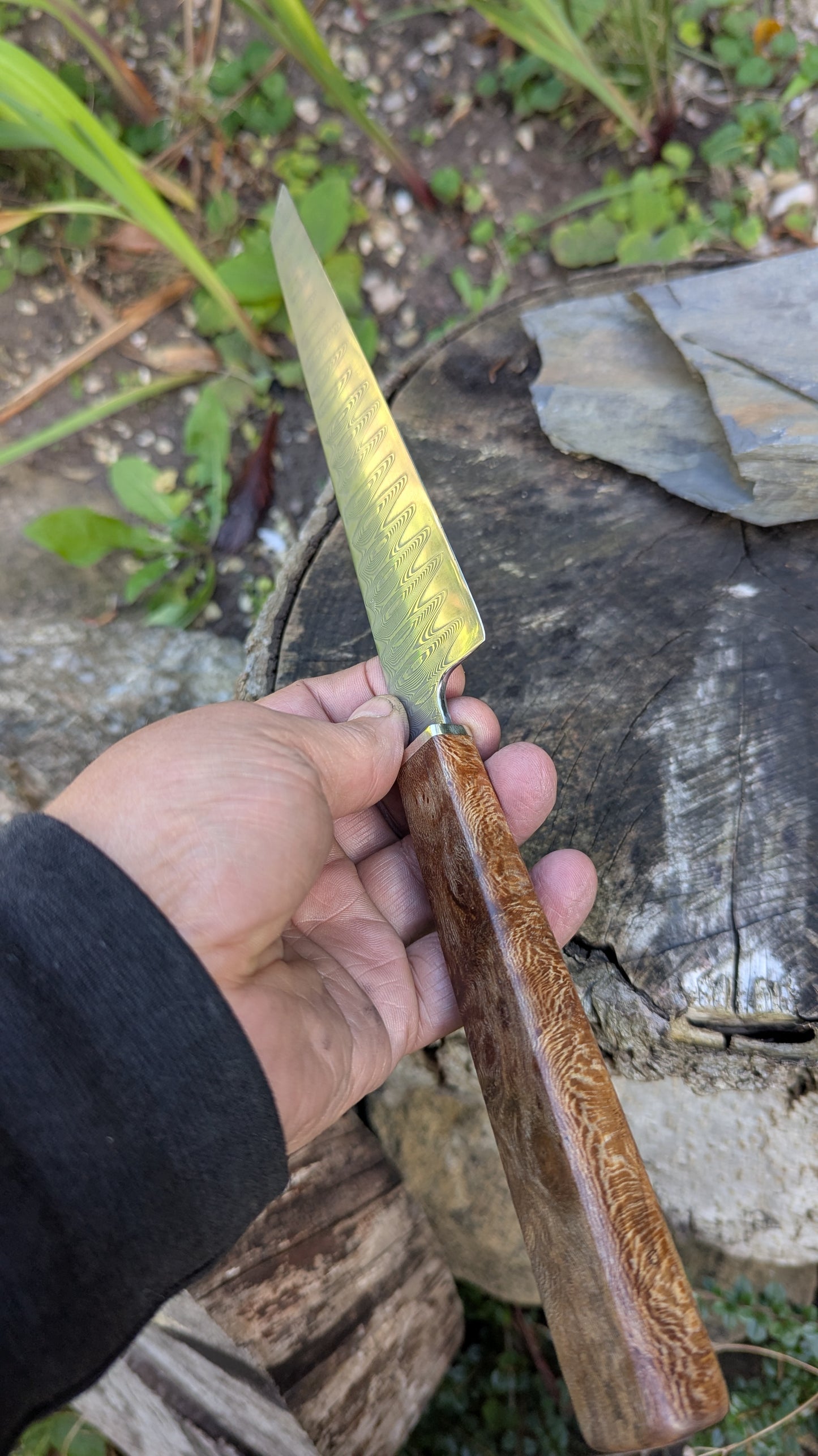 Hand made 8" stainless damascus san Mai. Lacewood burr handle