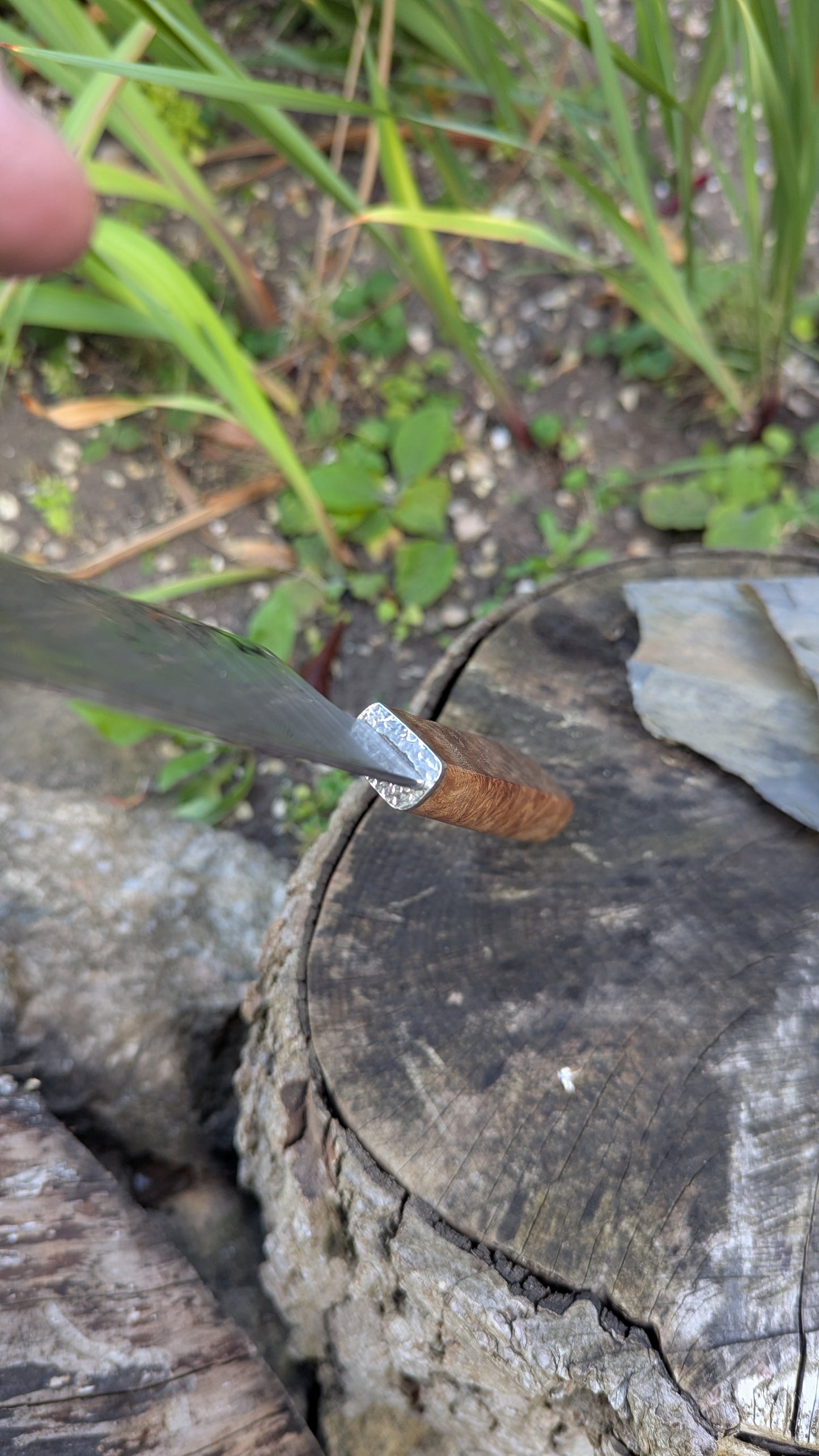 Hand made 8" stainless damascus san Mai. Lacewood burr handle