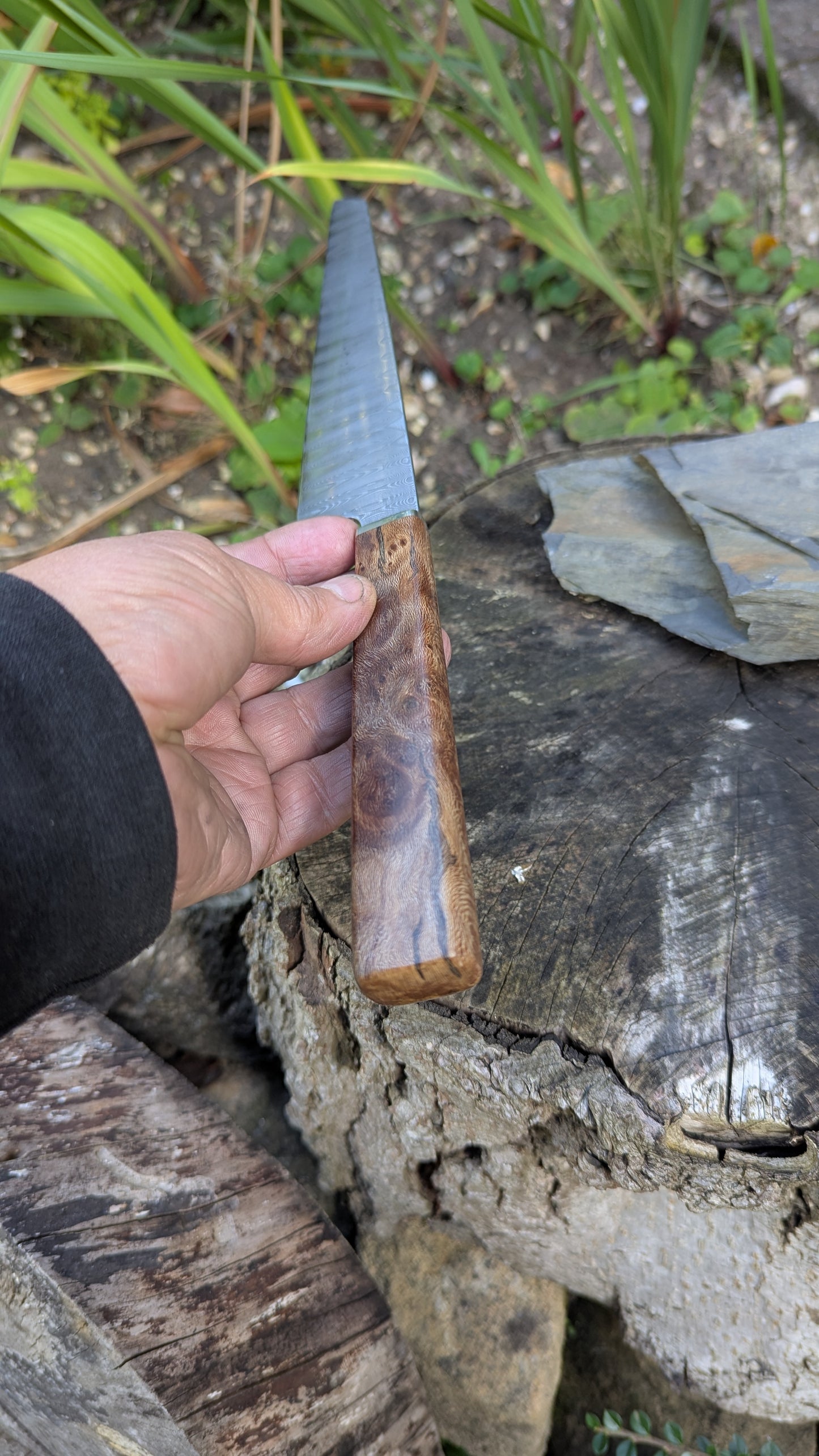 Hand made 8" stainless damascus san Mai. Lacewood burr handle