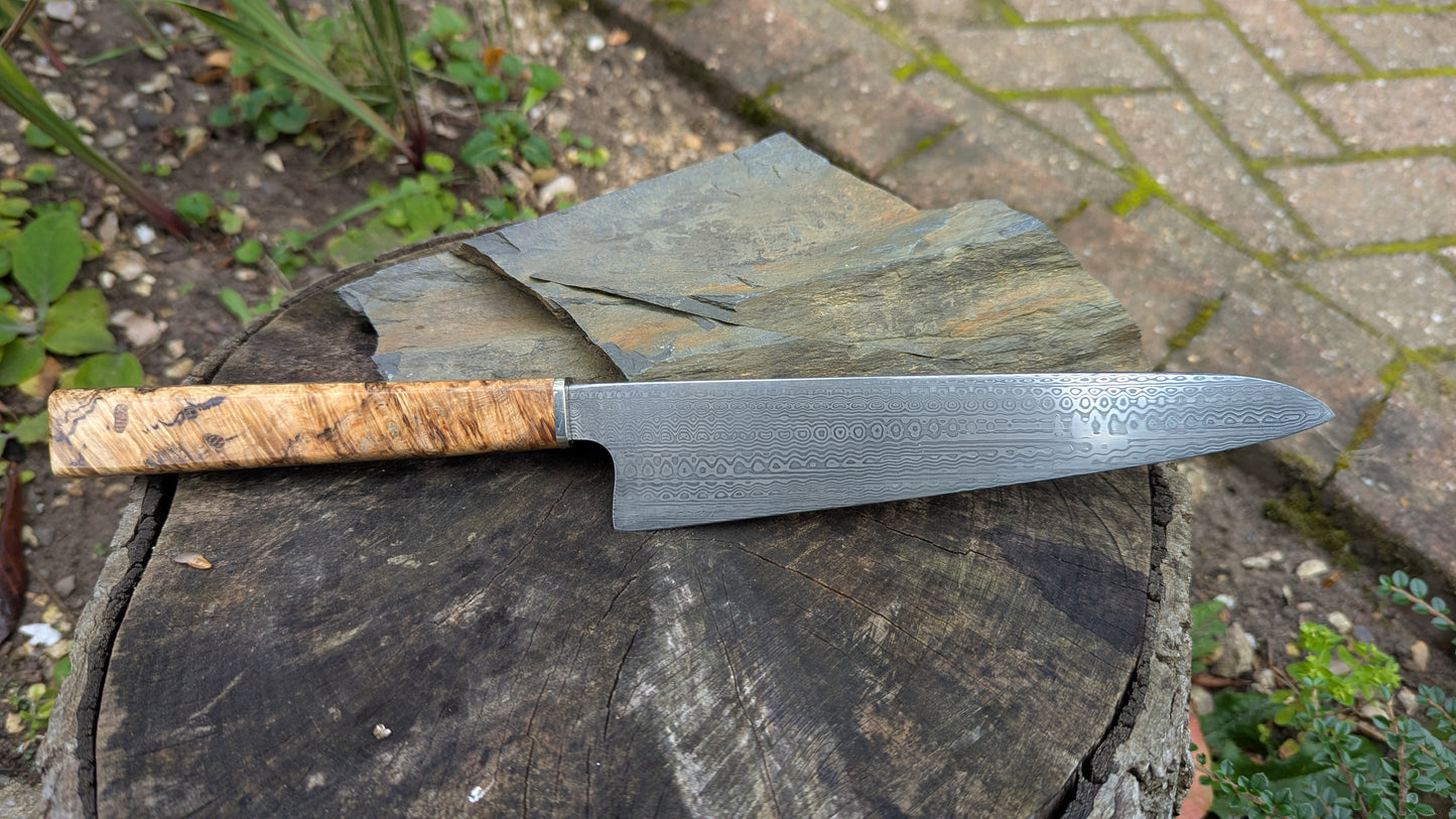 Hand made 8"Stainless Damascus - Damasteel® DS93X - Munin . Amboyna Burl handle