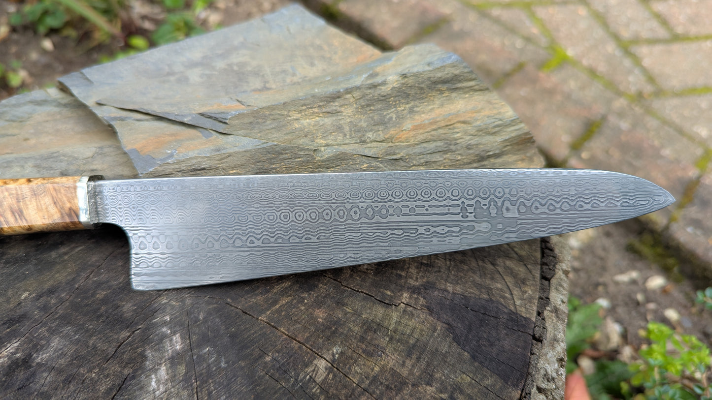 Hand made 8"Stainless Damascus - Damasteel® DS93X - Munin . Amboyna Burl handle