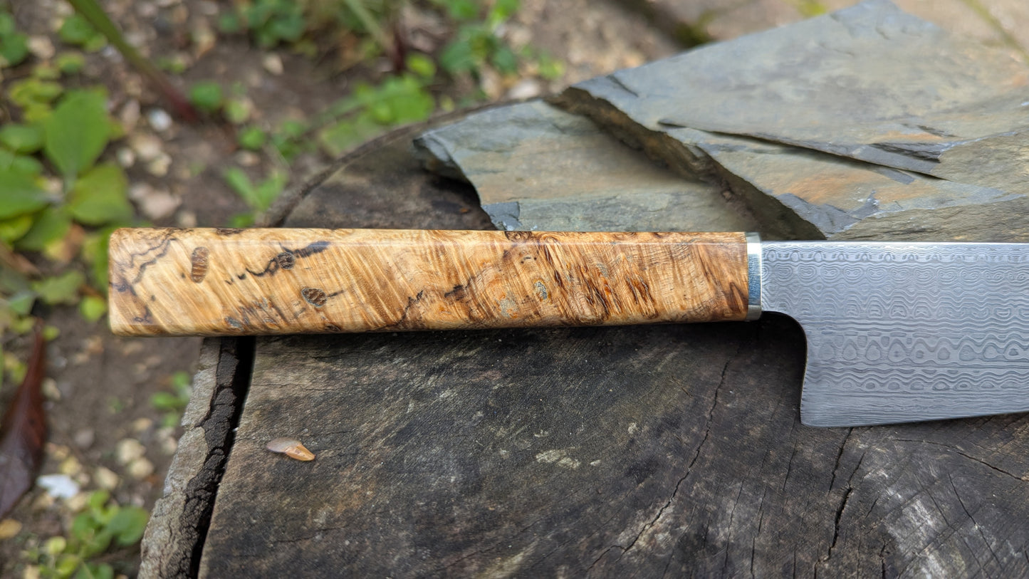 Hand made 8"Stainless Damascus - Damasteel® DS93X - Munin . Amboyna Burl handle
