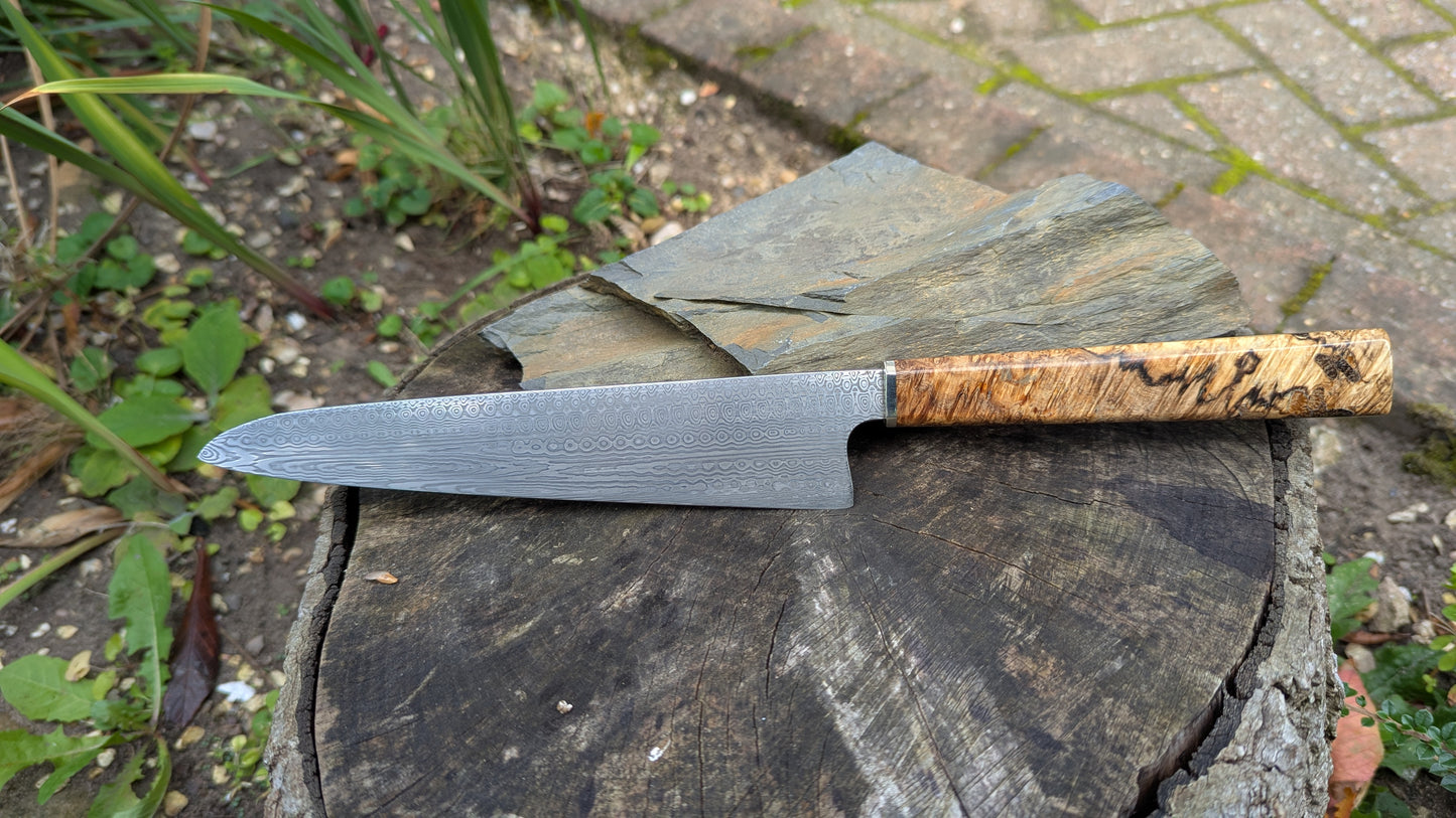 Hand made 8"Stainless Damascus - Damasteel® DS93X - Munin . Amboyna Burl handle
