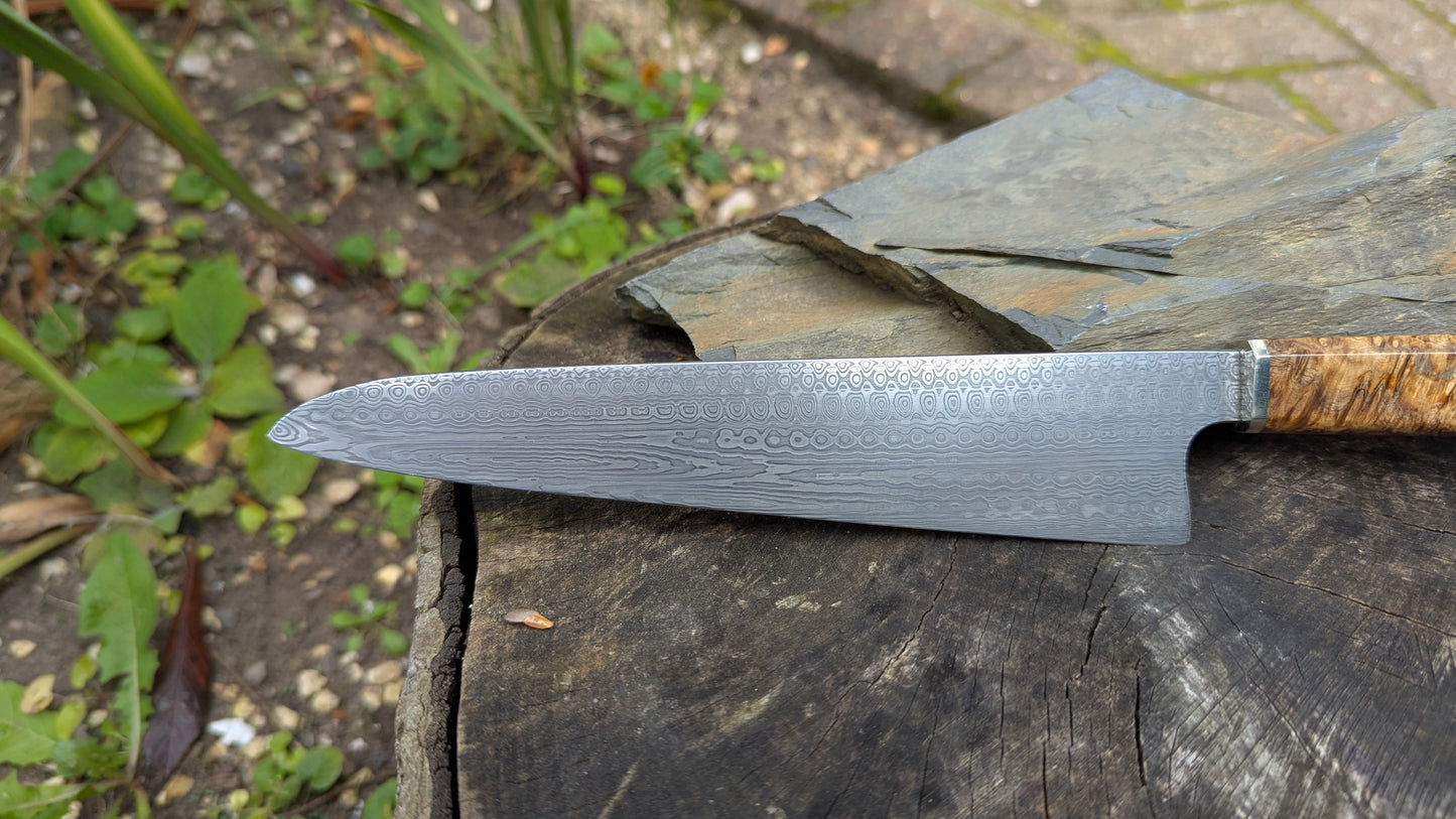 Hand made 8"Stainless Damascus - Damasteel® DS93X - Munin . Amboyna Burl handle