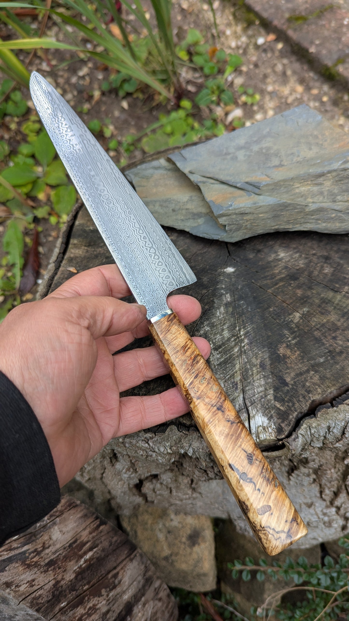 Hand made 8"Stainless Damascus - Damasteel® DS93X - Munin . Amboyna Burl handle