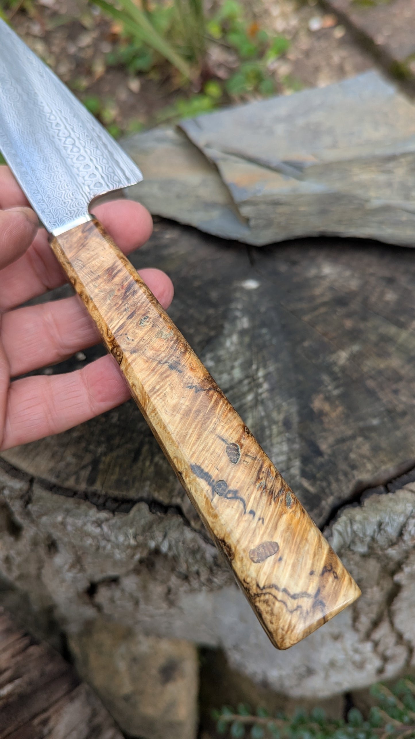 Hand made 8"Stainless Damascus - Damasteel® DS93X - Munin . Amboyna Burl handle