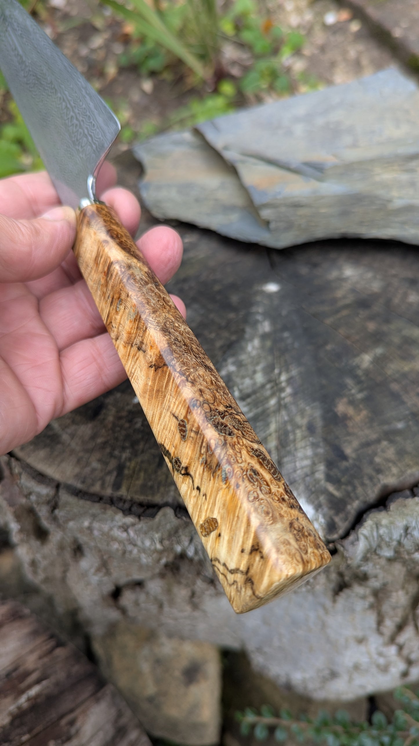 Hand made 8"Stainless Damascus - Damasteel® DS93X - Munin . Amboyna Burl handle