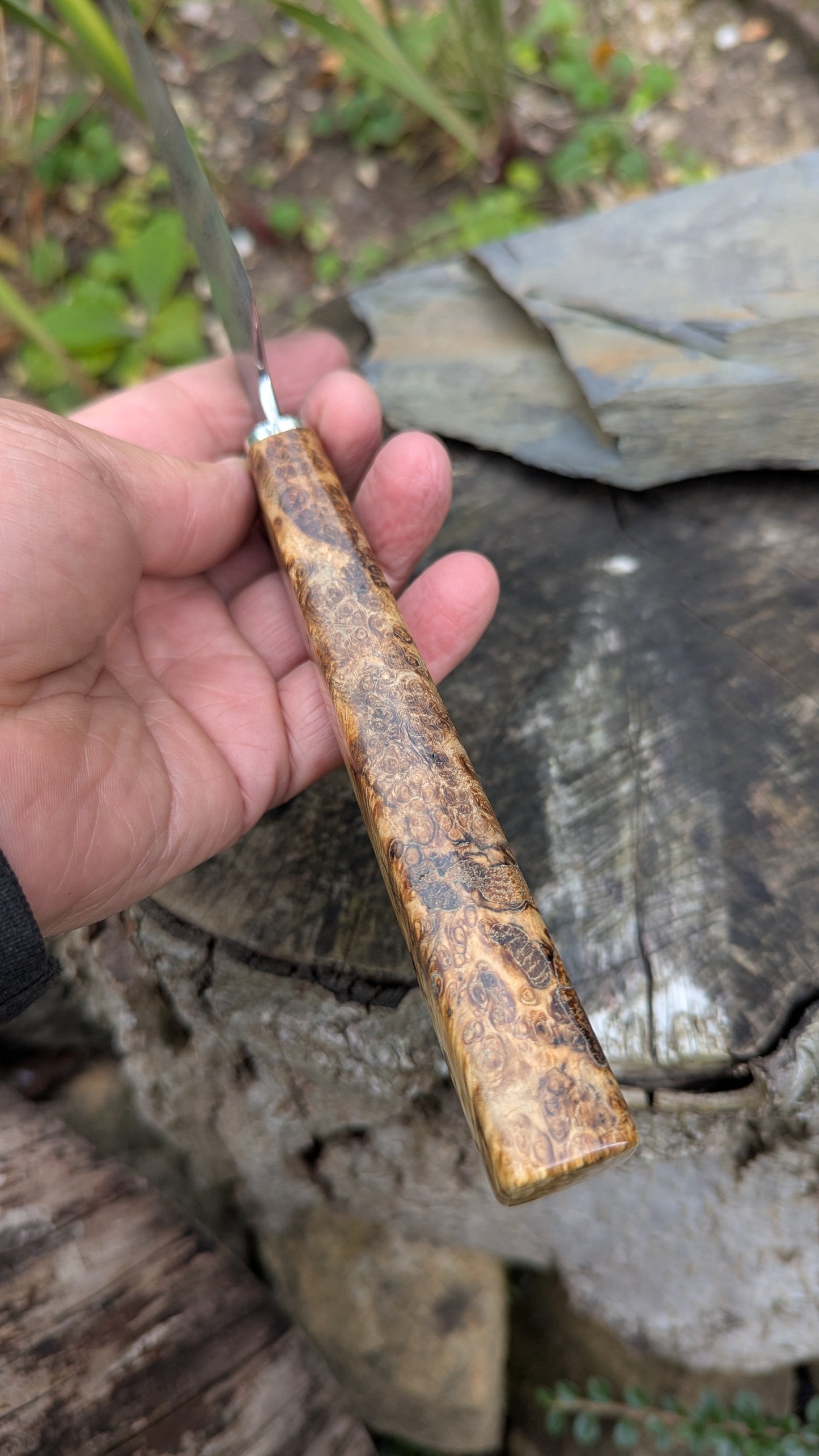 Hand made 8"Stainless Damascus - Damasteel® DS93X - Munin . Amboyna Burl handle