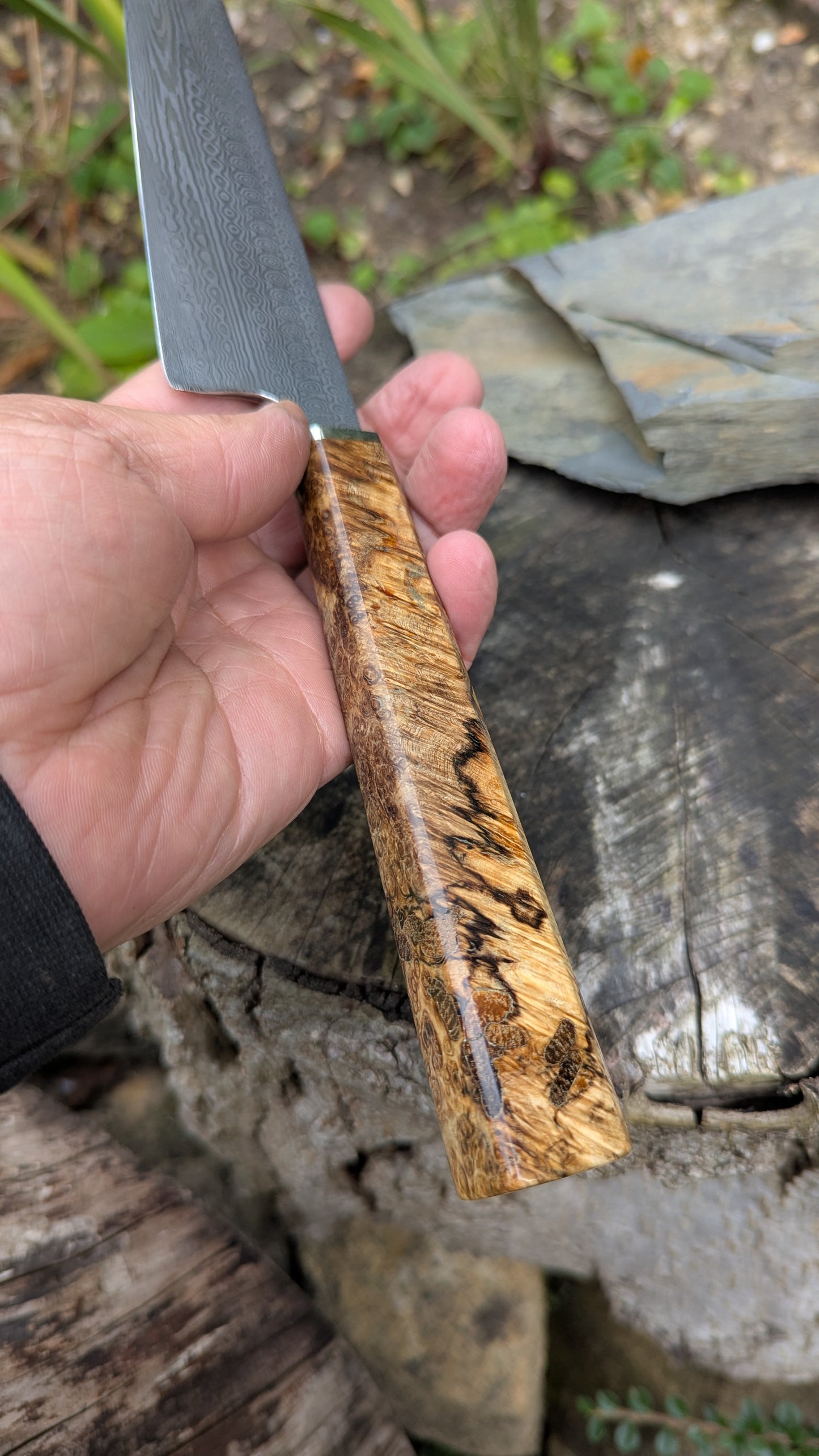 Hand made 8"Stainless Damascus - Damasteel® DS93X - Munin . Amboyna Burl handle