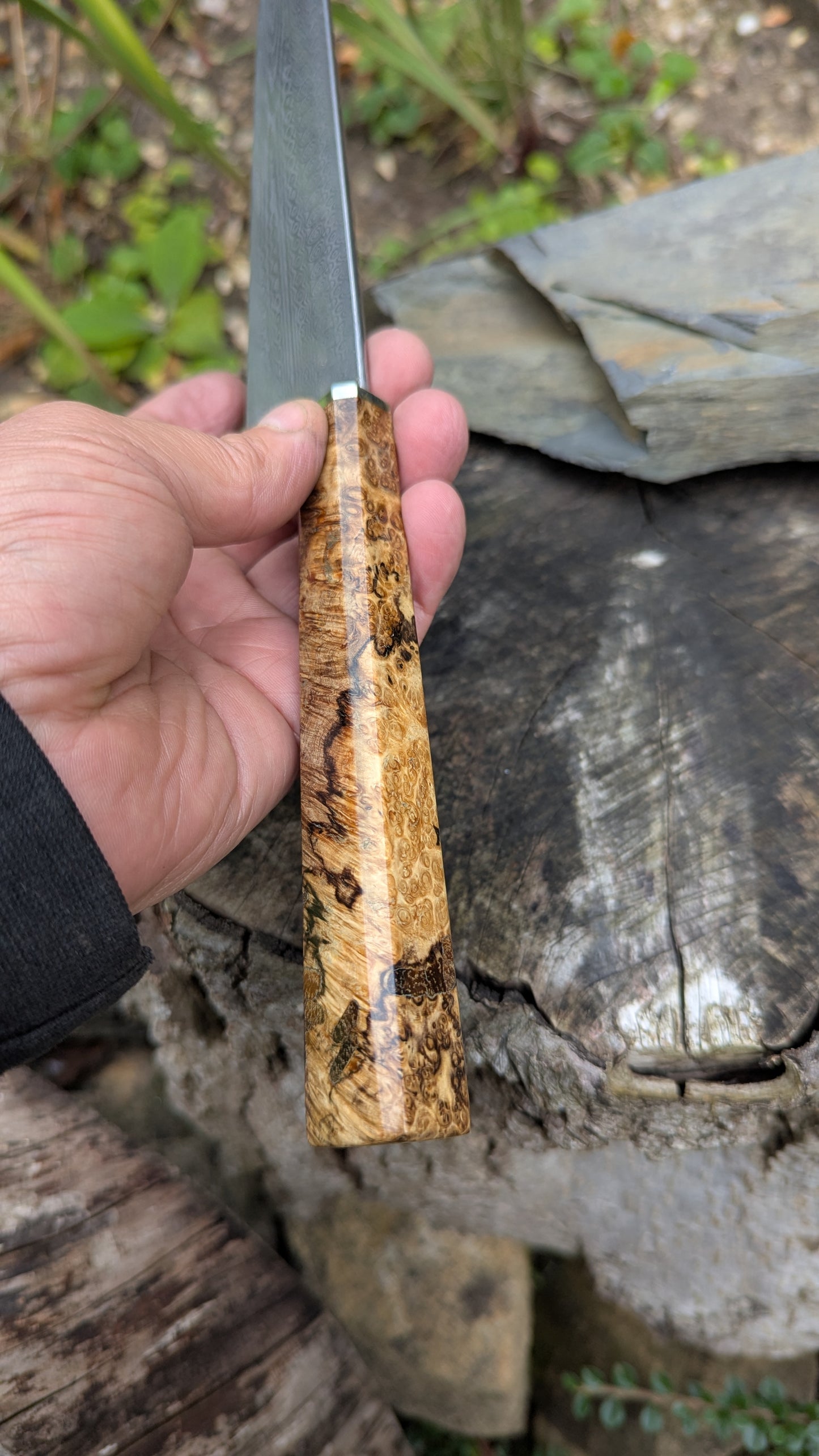 Hand made 8"Stainless Damascus - Damasteel® DS93X - Munin . Amboyna Burl handle