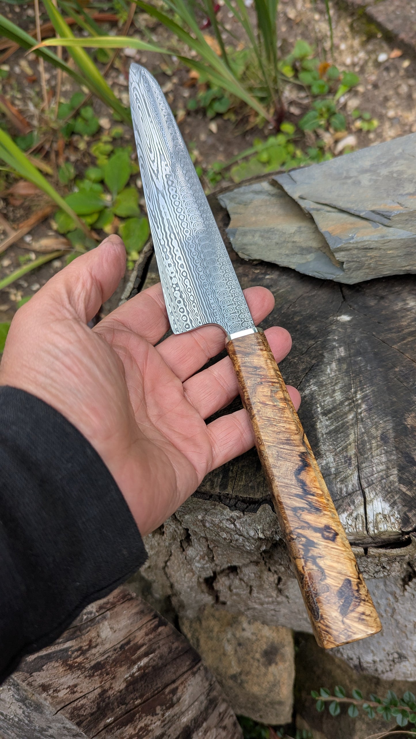 Hand made 8"Stainless Damascus - Damasteel® DS93X - Munin . Amboyna Burl handle