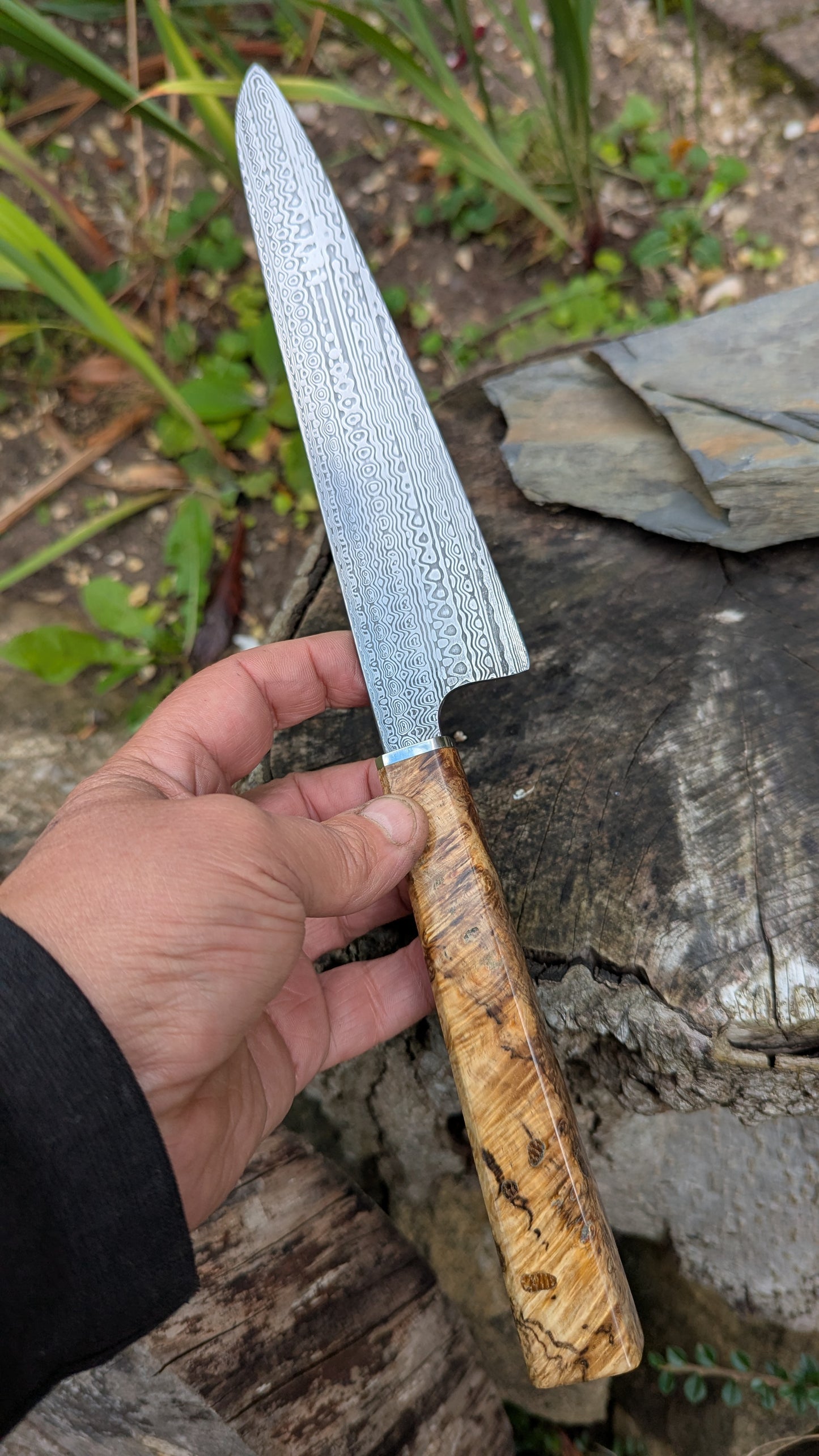 Hand made 8"Stainless Damascus - Damasteel® DS93X - Munin . Amboyna Burl handle