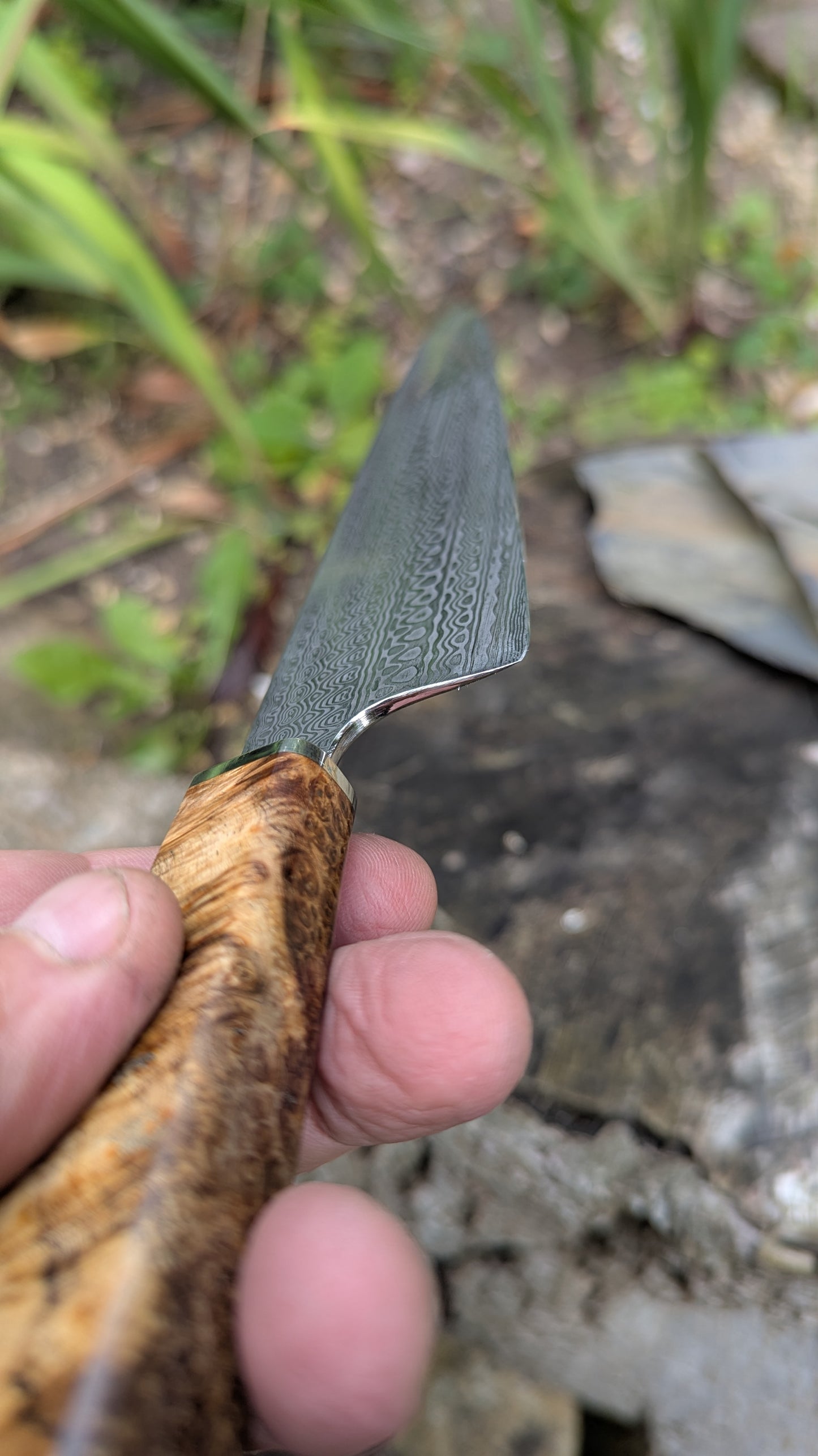 Hand made 8"Stainless Damascus - Damasteel® DS93X - Munin . Amboyna Burl handle