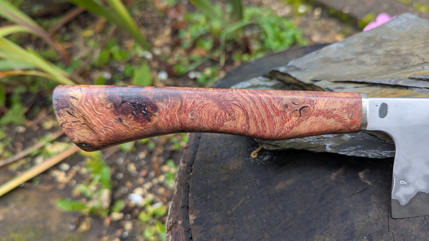 Hand made 8" Takefu Super Blue Stainless Clad San Mai. English Oak Burr Handle