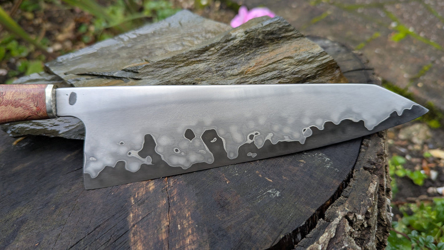 Hand made 8" Takefu Super Blue Stainless Clad San Mai. English Oak Burr Handle