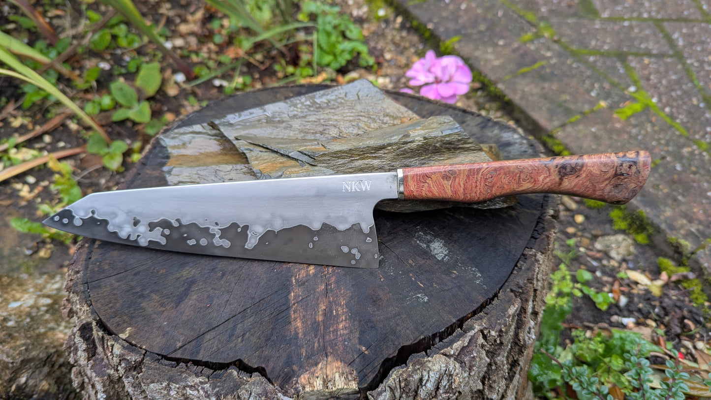 Hand made 8" Takefu Super Blue Stainless Clad San Mai. English Oak Burr Handle