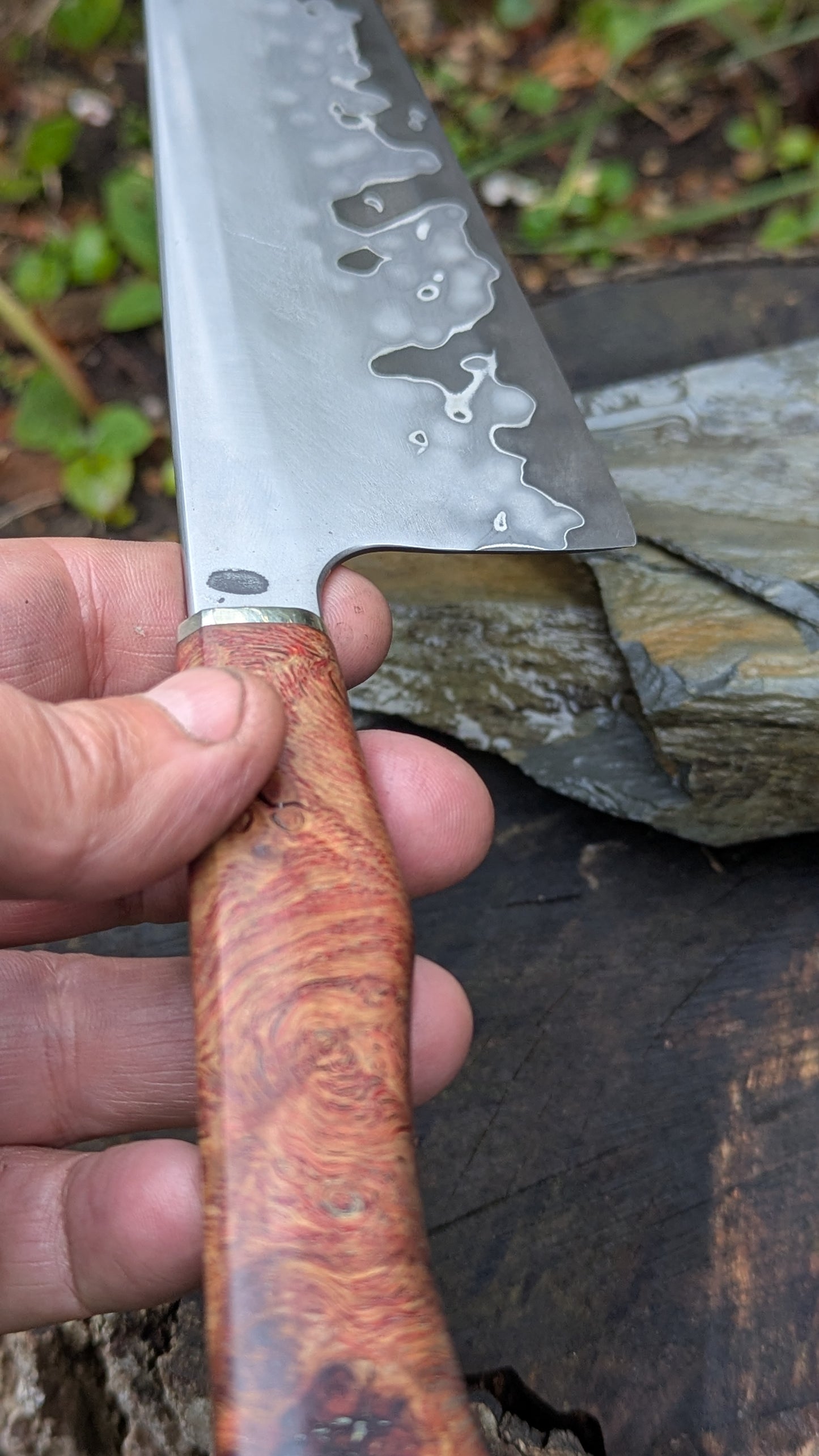 Hand made 8" Takefu Super Blue Stainless Clad San Mai. English Oak Burr Handle