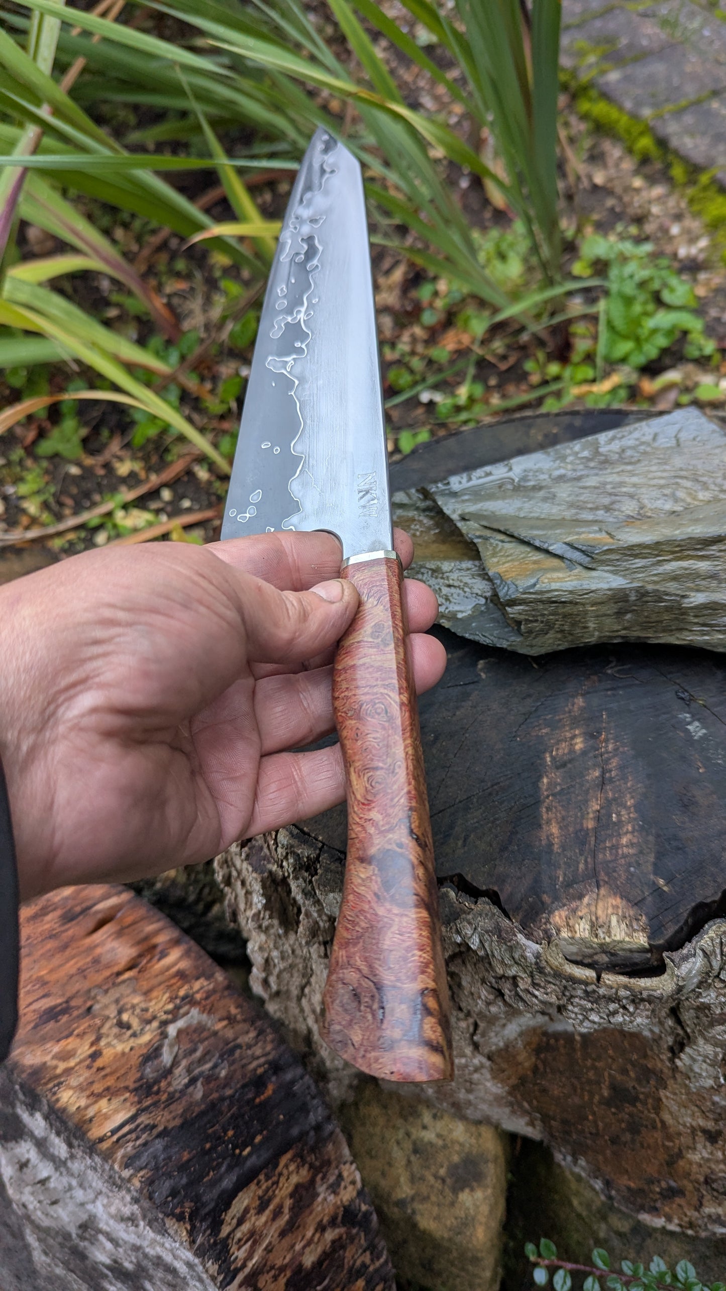 Hand made 8" Takefu Super Blue Stainless Clad San Mai. English Oak Burr Handle