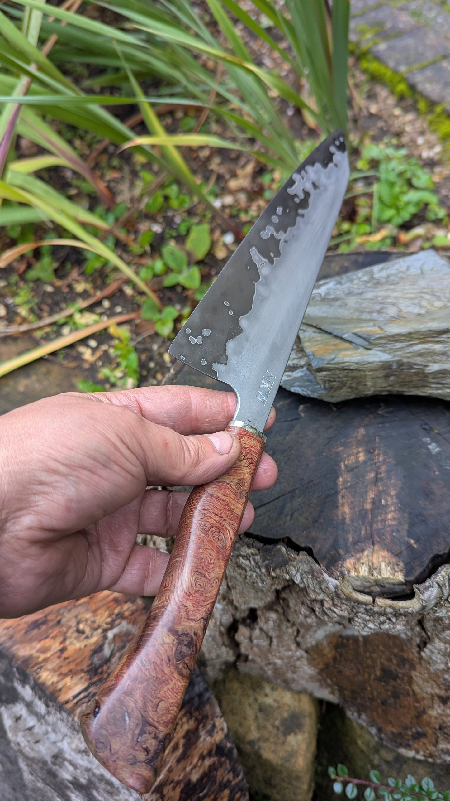 Hand made 8" Takefu Super Blue Stainless Clad San Mai. English Oak Burr Handle
