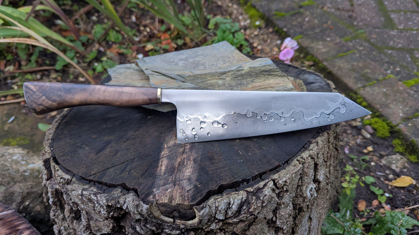 Hand made 8" Takefu Super Blue Stainless Clad San Mai. Walnut Handle