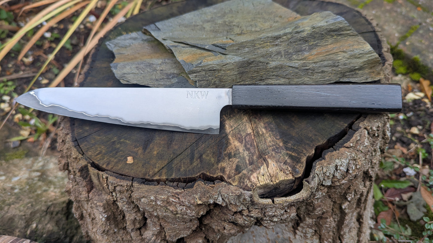 Hand Made 7" Takefu Super Blue Stainless Clad San Mai. 5600 years old Bog Oak handle