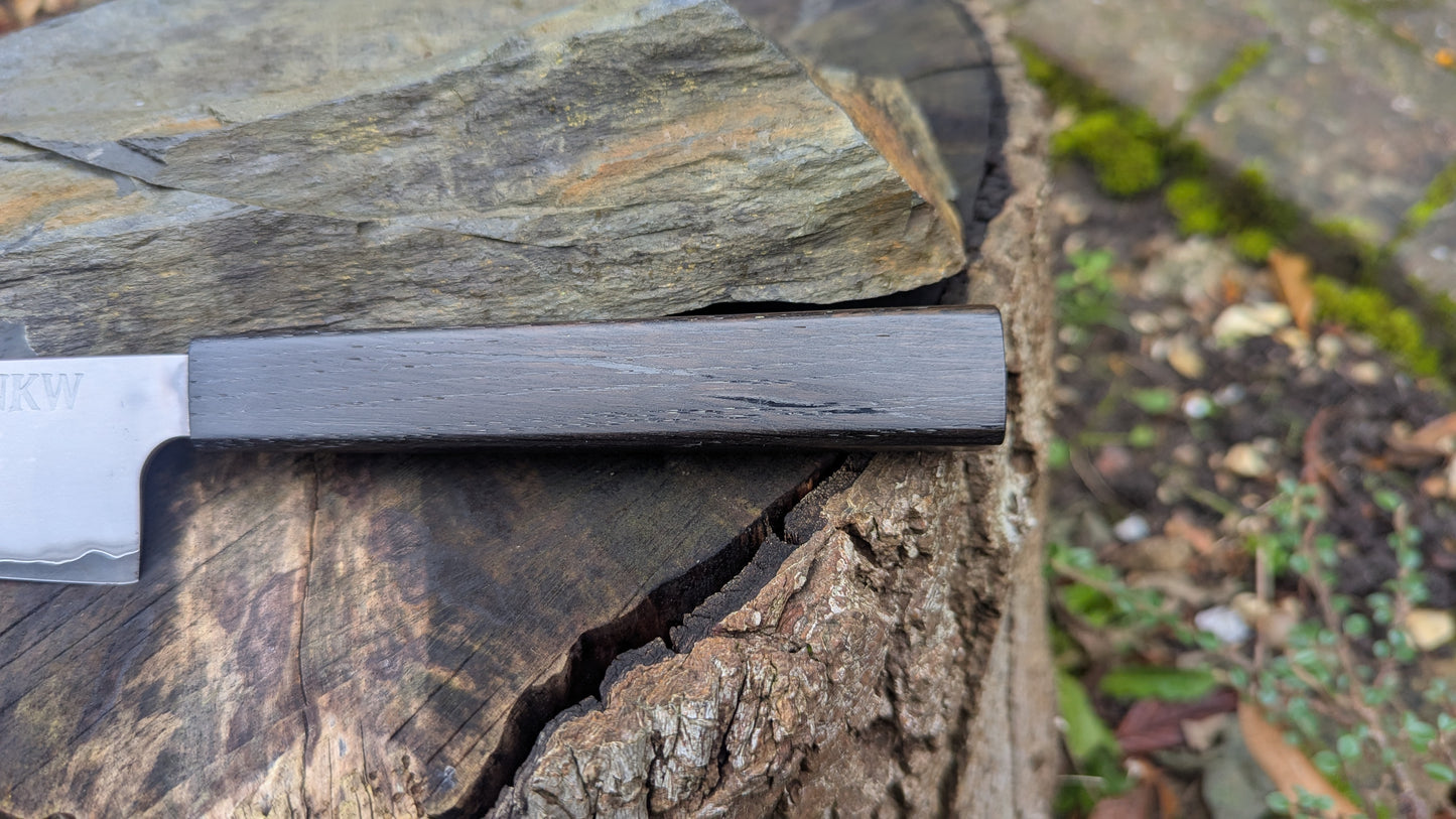 Hand Made 7" Takefu Super Blue Stainless Clad San Mai. 5600 years old Bog Oak handle