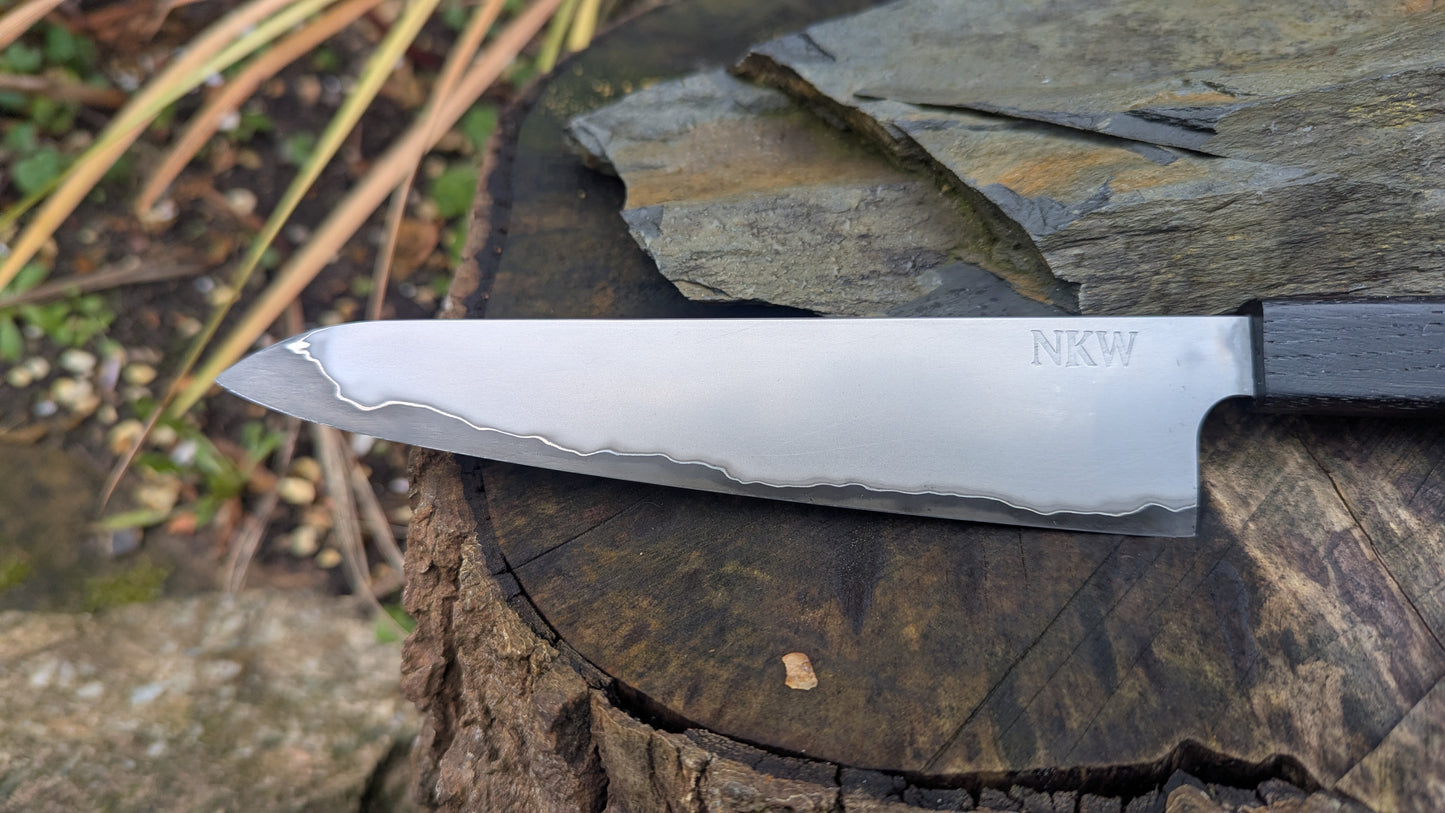 Hand Made 7" Takefu Super Blue Stainless Clad San Mai. 5600 years old Bog Oak handle