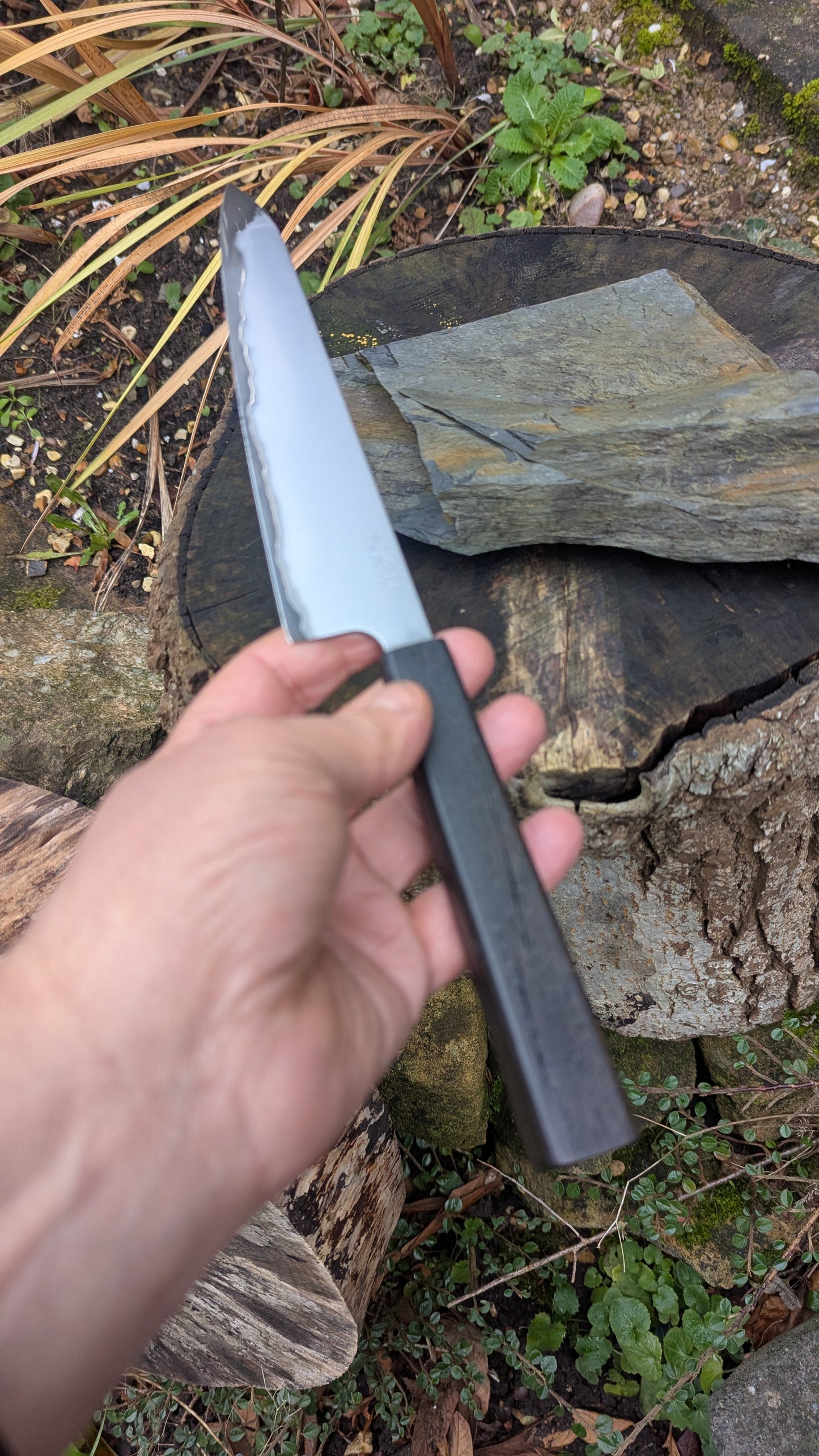 Hand Made 7" Takefu Super Blue Stainless Clad San Mai. 5600 years old Bog Oak handle