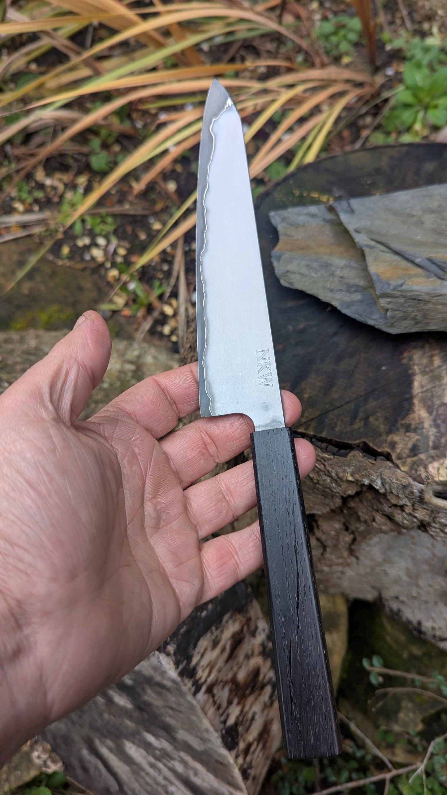 Hand Made 7" Takefu Super Blue Stainless Clad San Mai. 5600 years old Bog Oak handle