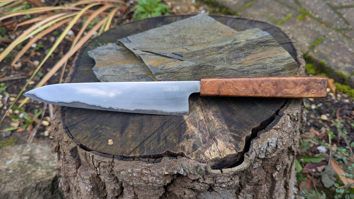 Hand made 6" Takefu super blue stainless clad San Mai. Lacewood burl handle