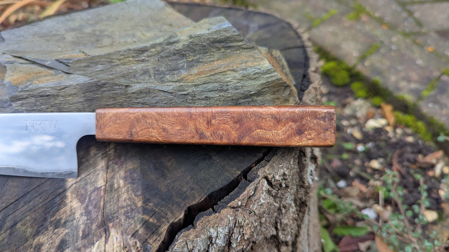 Hand made 6" Takefu super blue stainless clad San Mai. Lacewood burl handle