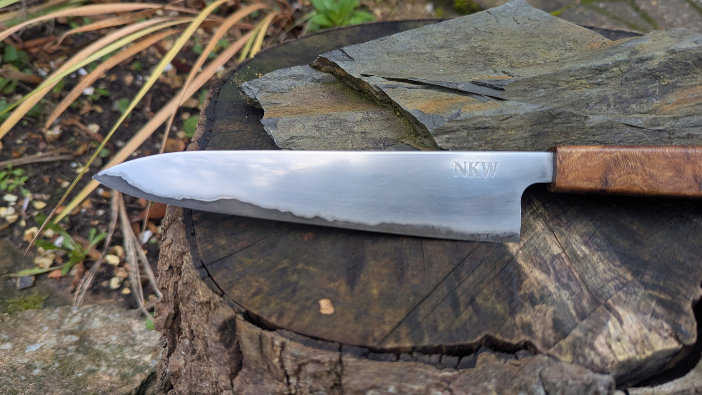 Hand made 6" Takefu super blue stainless clad San Mai. Lacewood burl handle