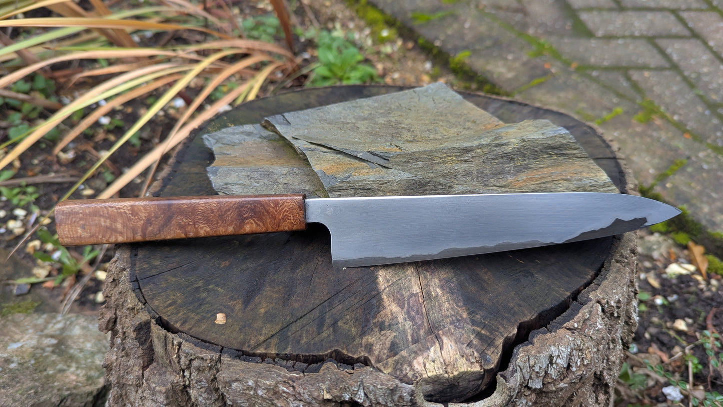 Hand made 6" Takefu super blue stainless clad San Mai. Lacewood burl handle