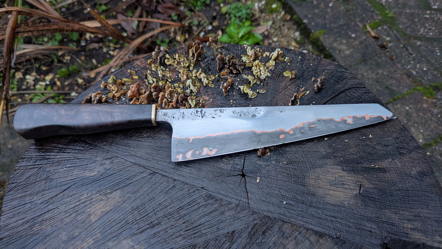 Hand Made 8" Takefu Cu-Mai : DPS V-Toku2 Core Stainless Steel Clad San Mai. Turkish Walnut handle