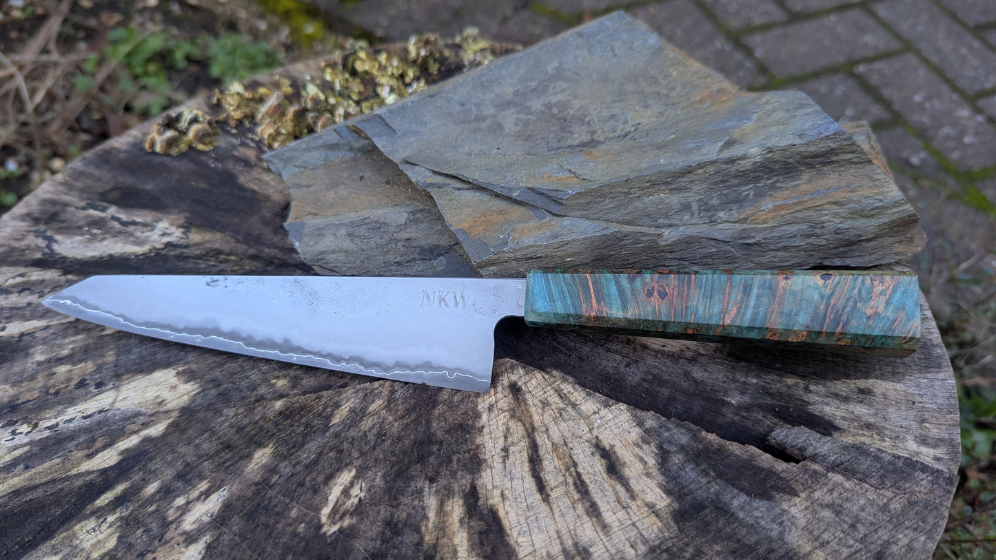 Kiritsuke 175mm. Takefu Super Blue Stainless Clad San Mai. Field Maple Burl Handle