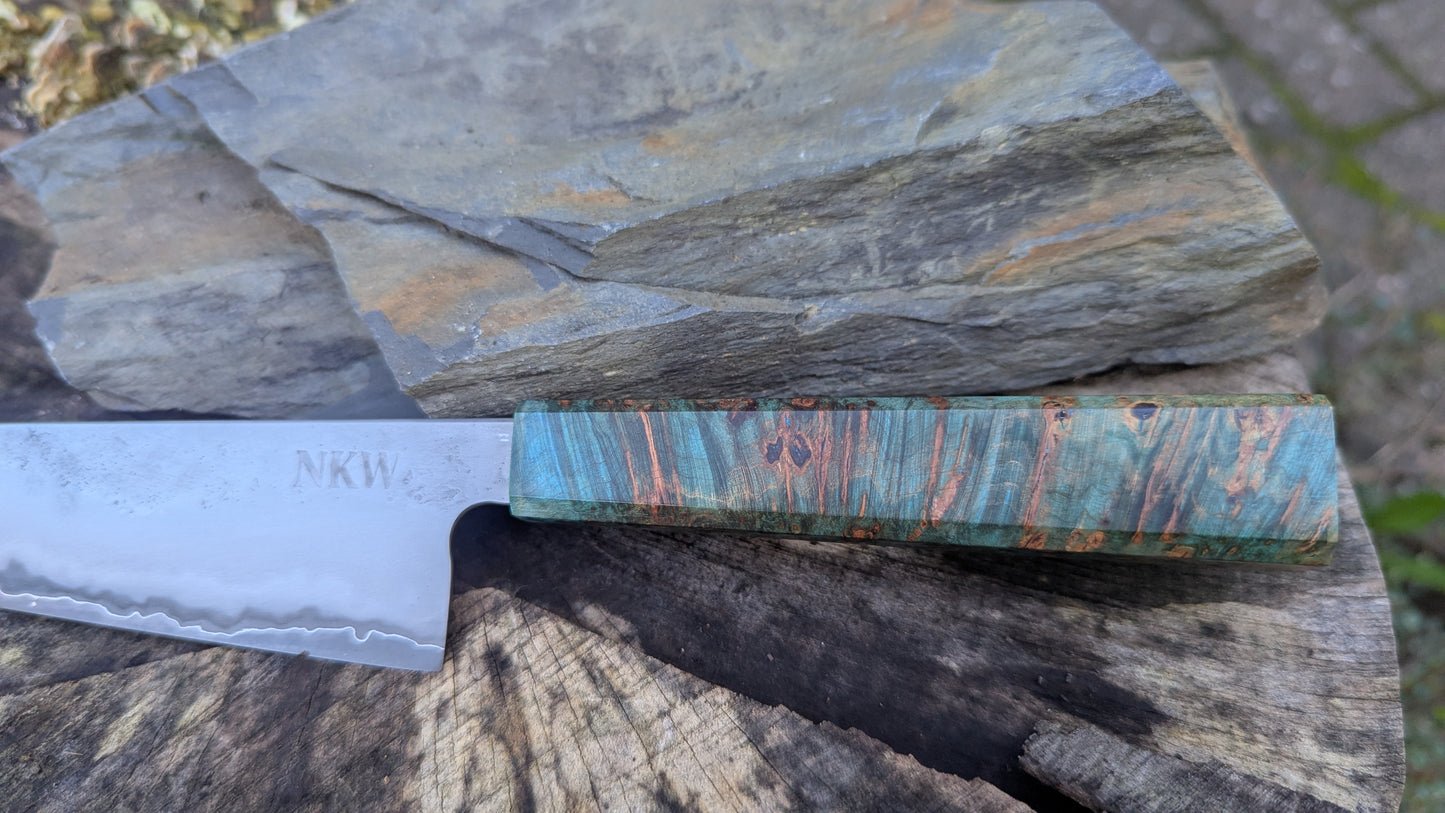 Kiritsuke 175mm. Takefu Super Blue Stainless Clad San Mai. Field Maple Burl Handle