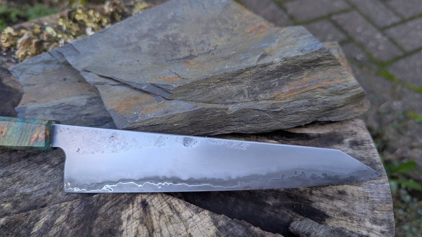 Kiritsuke 175mm. Takefu Super Blue Stainless Clad San Mai. Field Maple Burl Handle