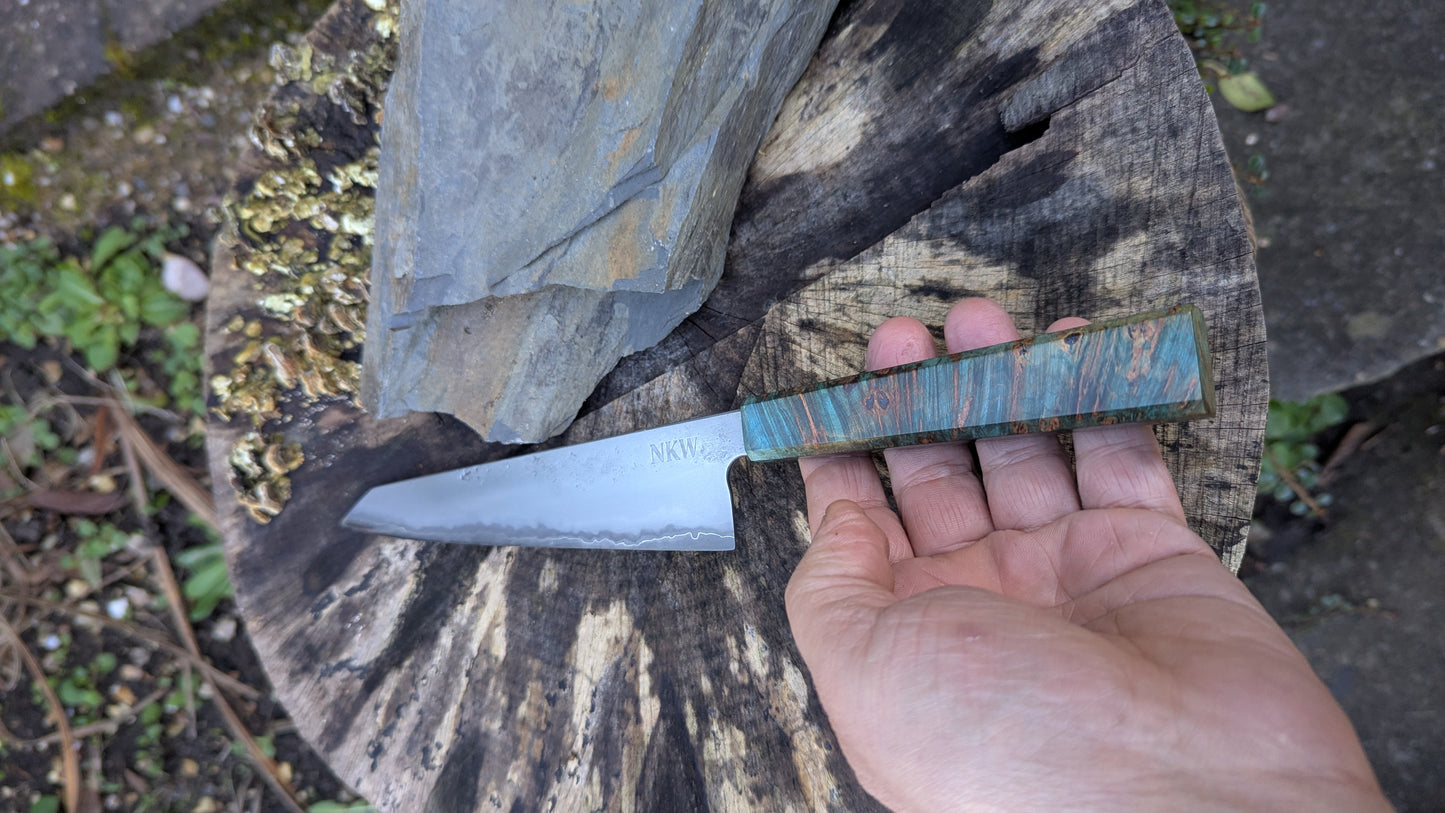 Kiritsuke 175mm. Takefu Super Blue Stainless Clad San Mai. Field Maple Burl Handle