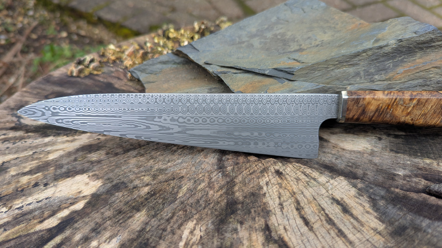 Gyuto 195mm Stainless Damascus - Damasteel® DS93X - Munin . Amboyna Burl handle