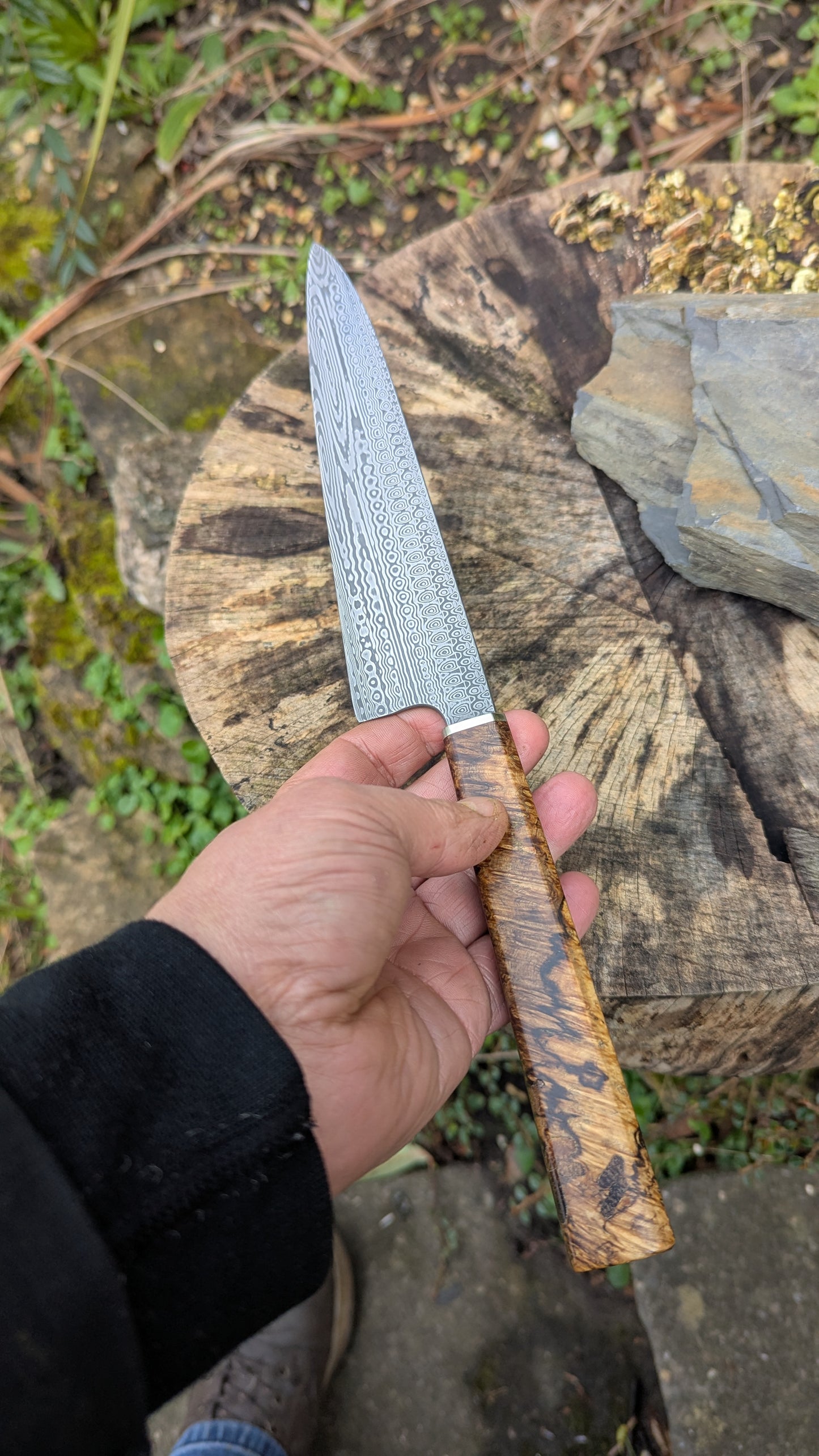 Gyuto 195mm Stainless Damascus - Damasteel® DS93X - Munin . Amboyna Burl handle