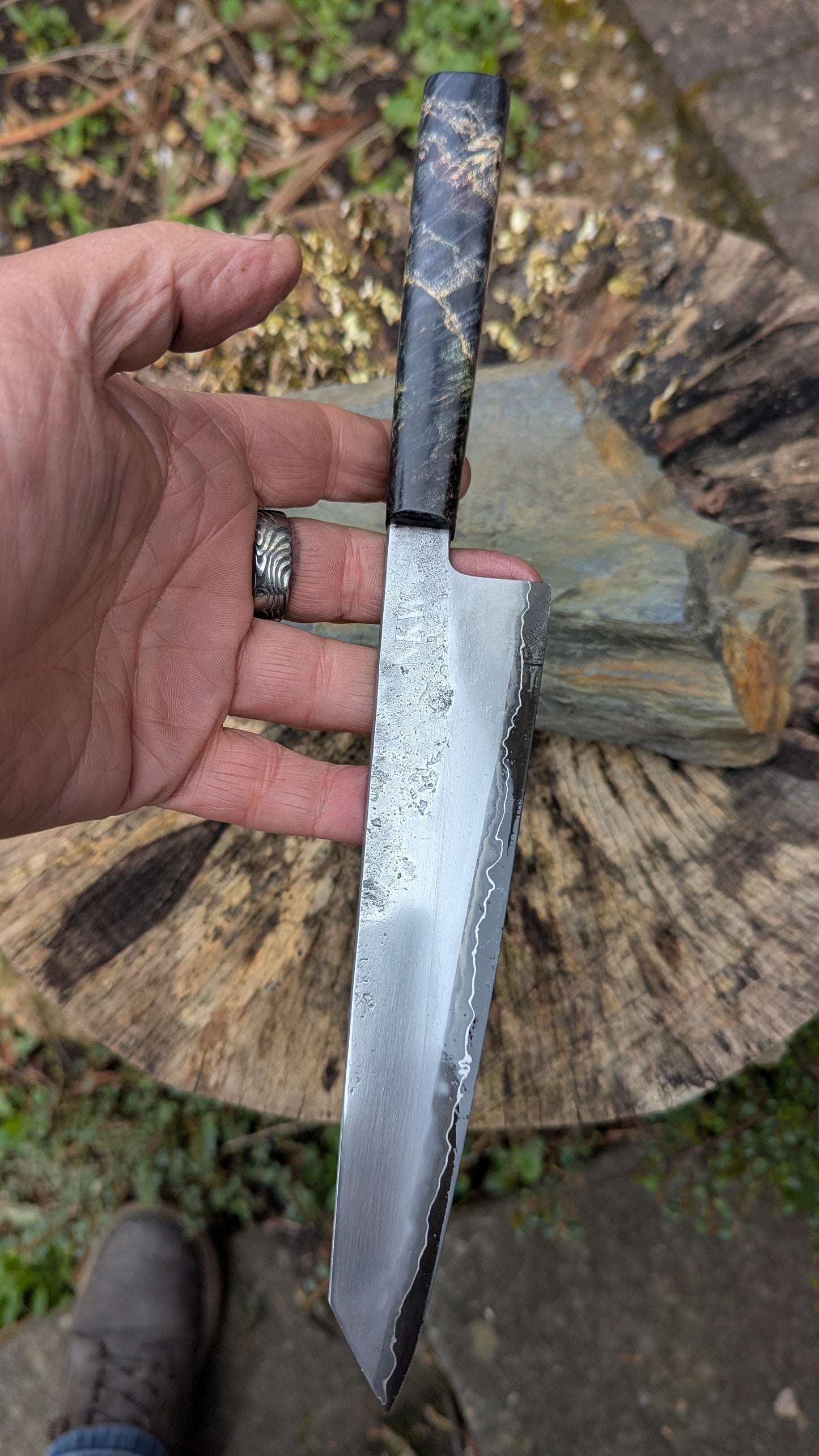 Kiritsuke 170mm. Takefu Super Blue Stainless Clad San Mai. Box Elder handleHandle