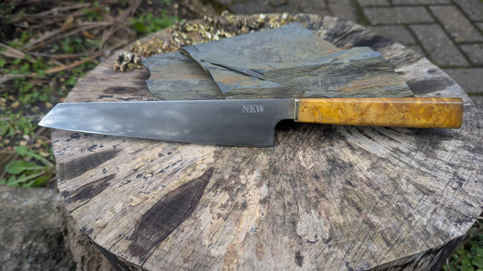 Hand made 8" ApexUltra carbon steel. Ash burl handle