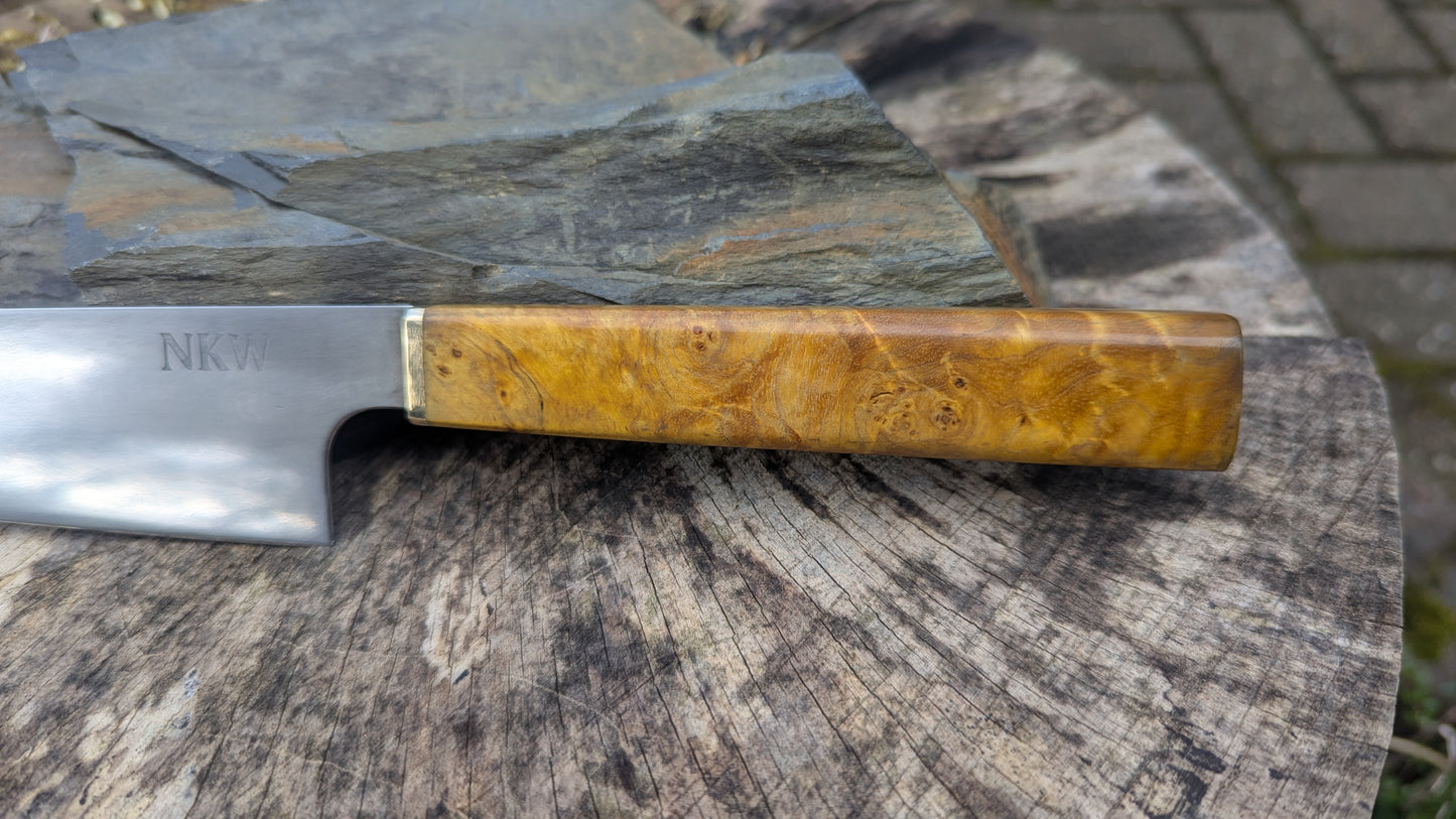 Hand Made 195mm Kiritsuke. ApexUltra carbon steel. Ash Burl Handle