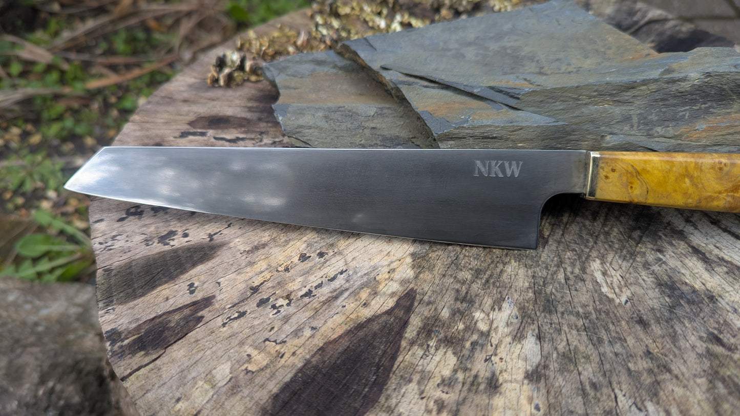 Hand Made 195mm Kiritsuke. ApexUltra carbon steel. Ash Burl Handle
