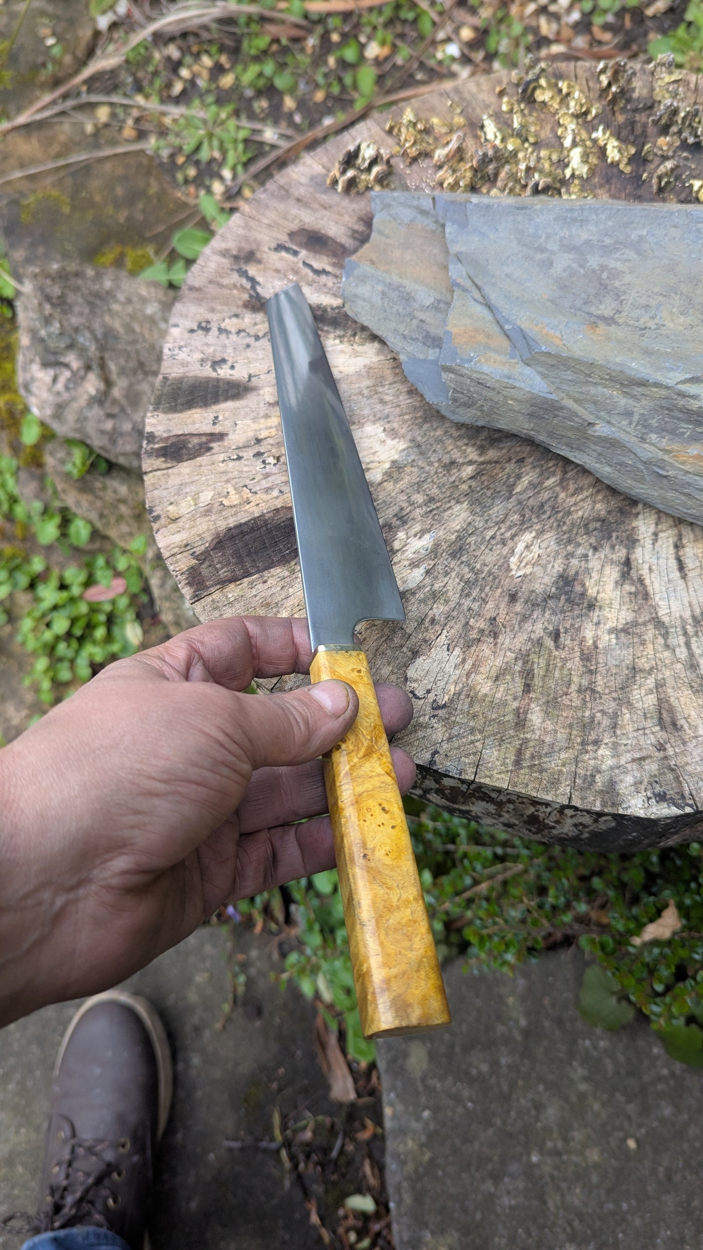 Hand Made 195mm Kiritsuke. ApexUltra carbon steel. Ash Burl Handle
