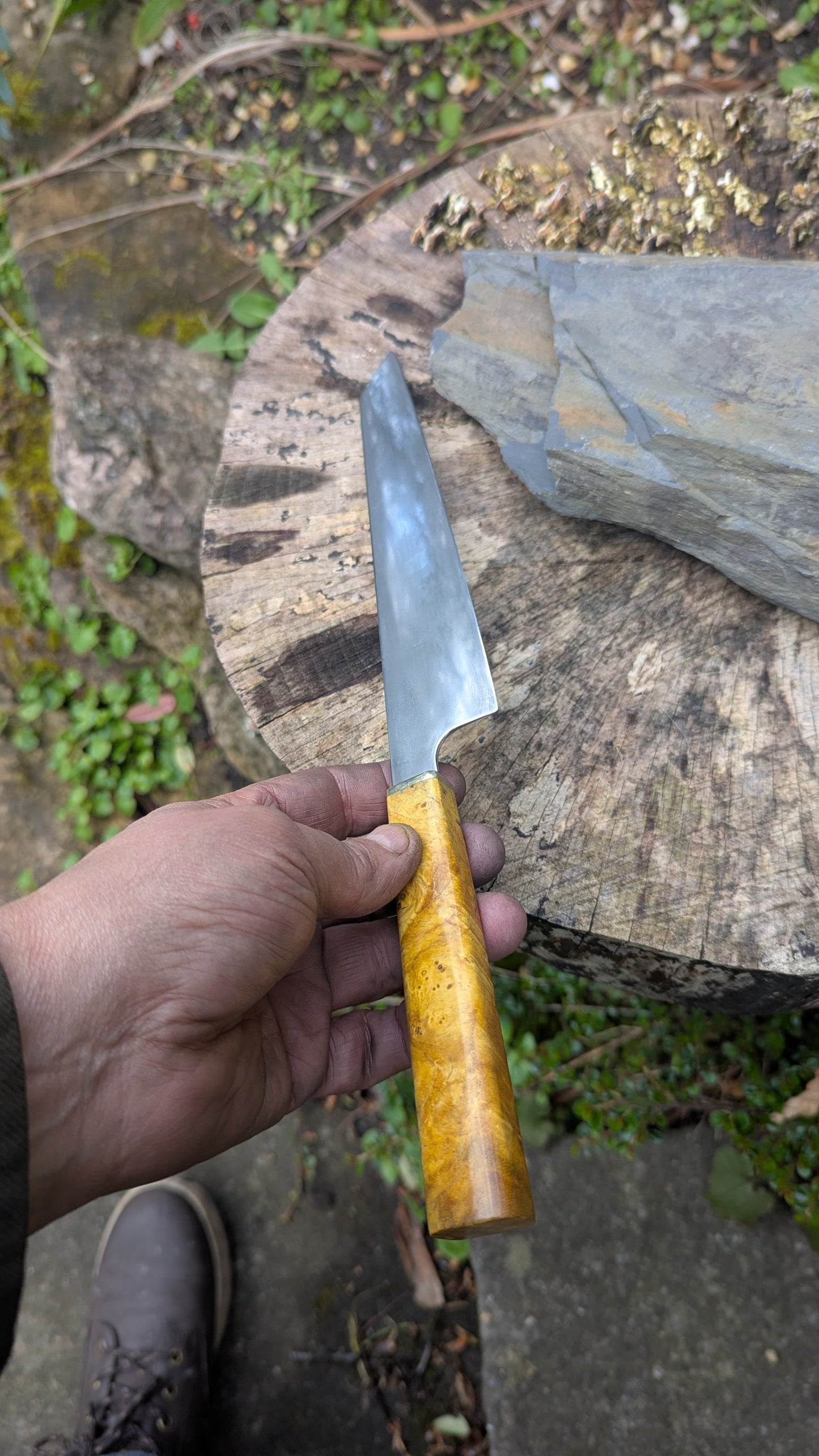 Hand Made 195mm Kiritsuke. ApexUltra carbon steel. Ash Burl Handle