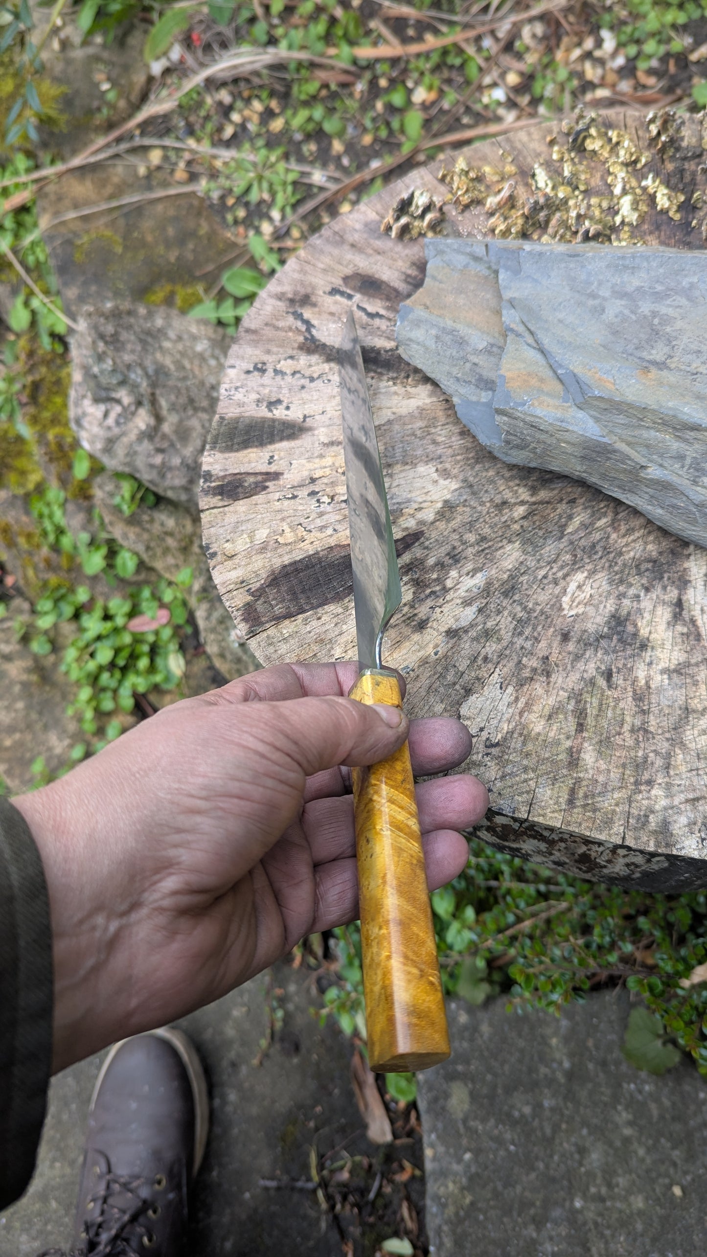 Hand Made 195mm Kiritsuke. ApexUltra carbon steel. Ash Burl Handle
