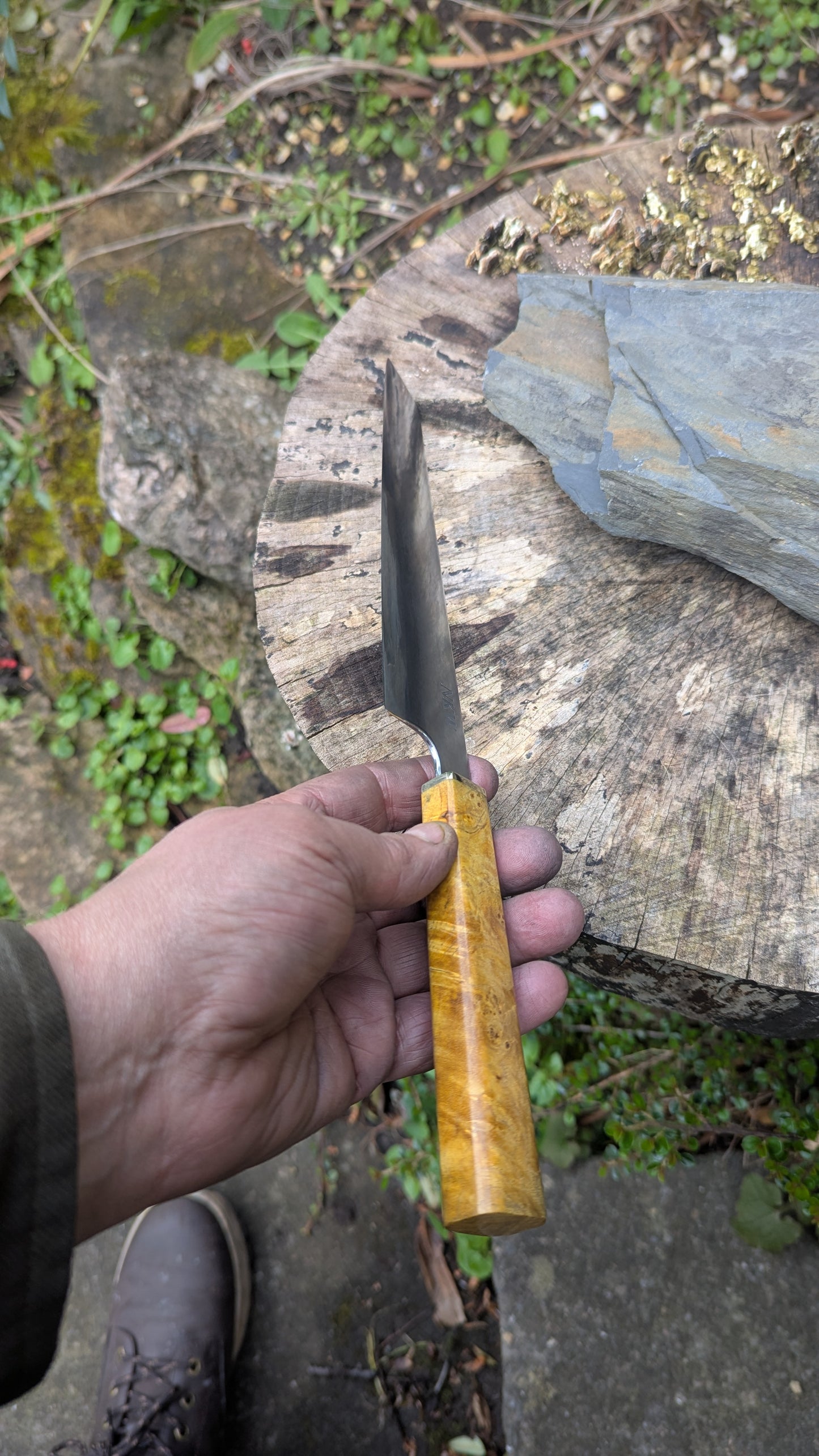 Hand Made 195mm Kiritsuke. ApexUltra carbon steel. Ash Burl Handle