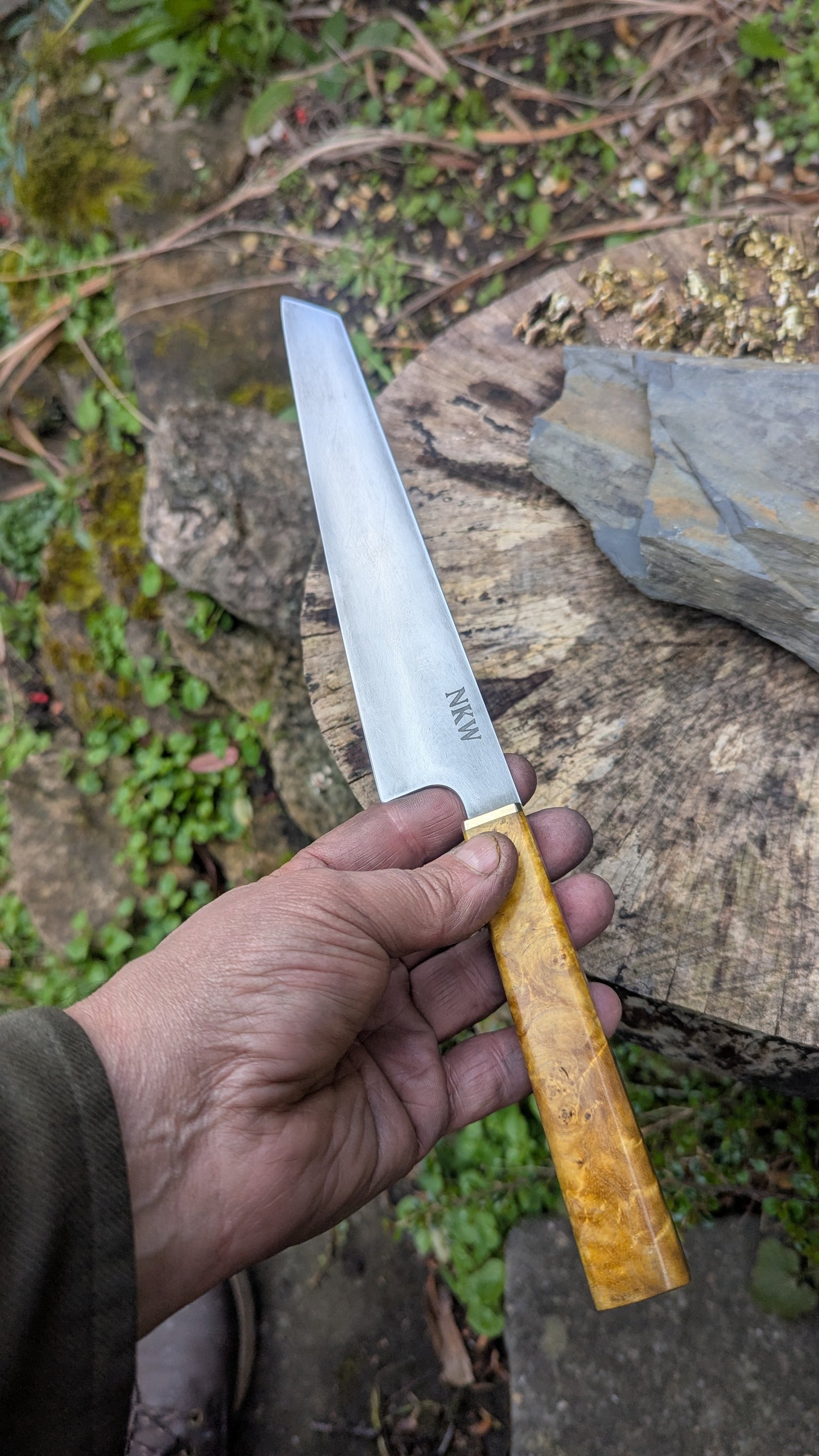 Hand Made 195mm Kiritsuke. ApexUltra carbon steel. Ash Burl Handle